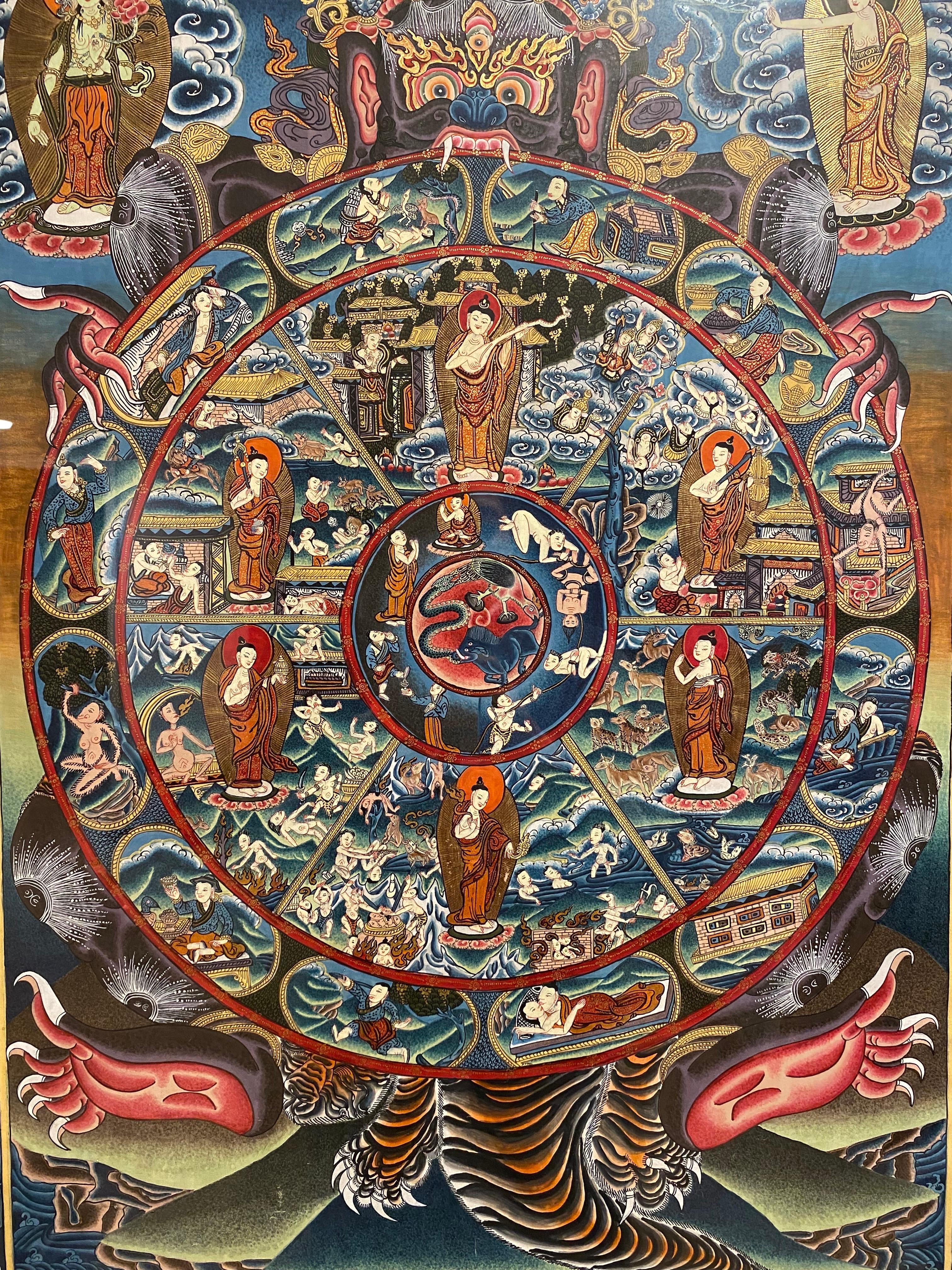 Framed Hand Painted on Canvas Wheel of Life Thangka 24K Gold - Other Art Style Painting by Unknown