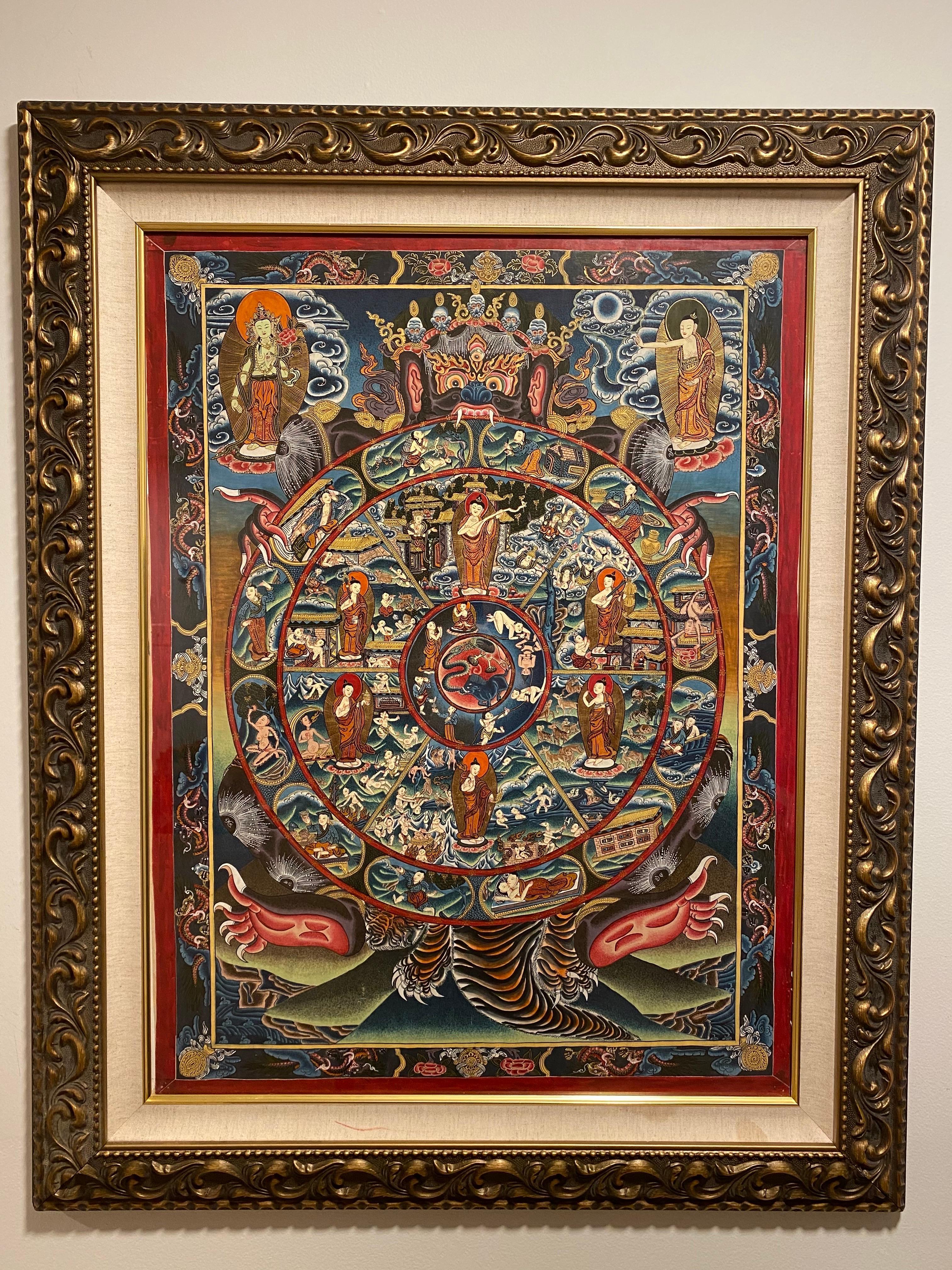 Unknown Figurative Painting - Framed Hand Painted on Canvas Wheel of Life Thangka 24K Gold