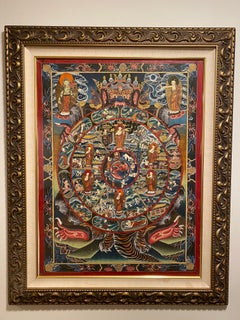 Vintage Framed Hand Painted on Canvas Wheel of Life Thangka 24K Gold