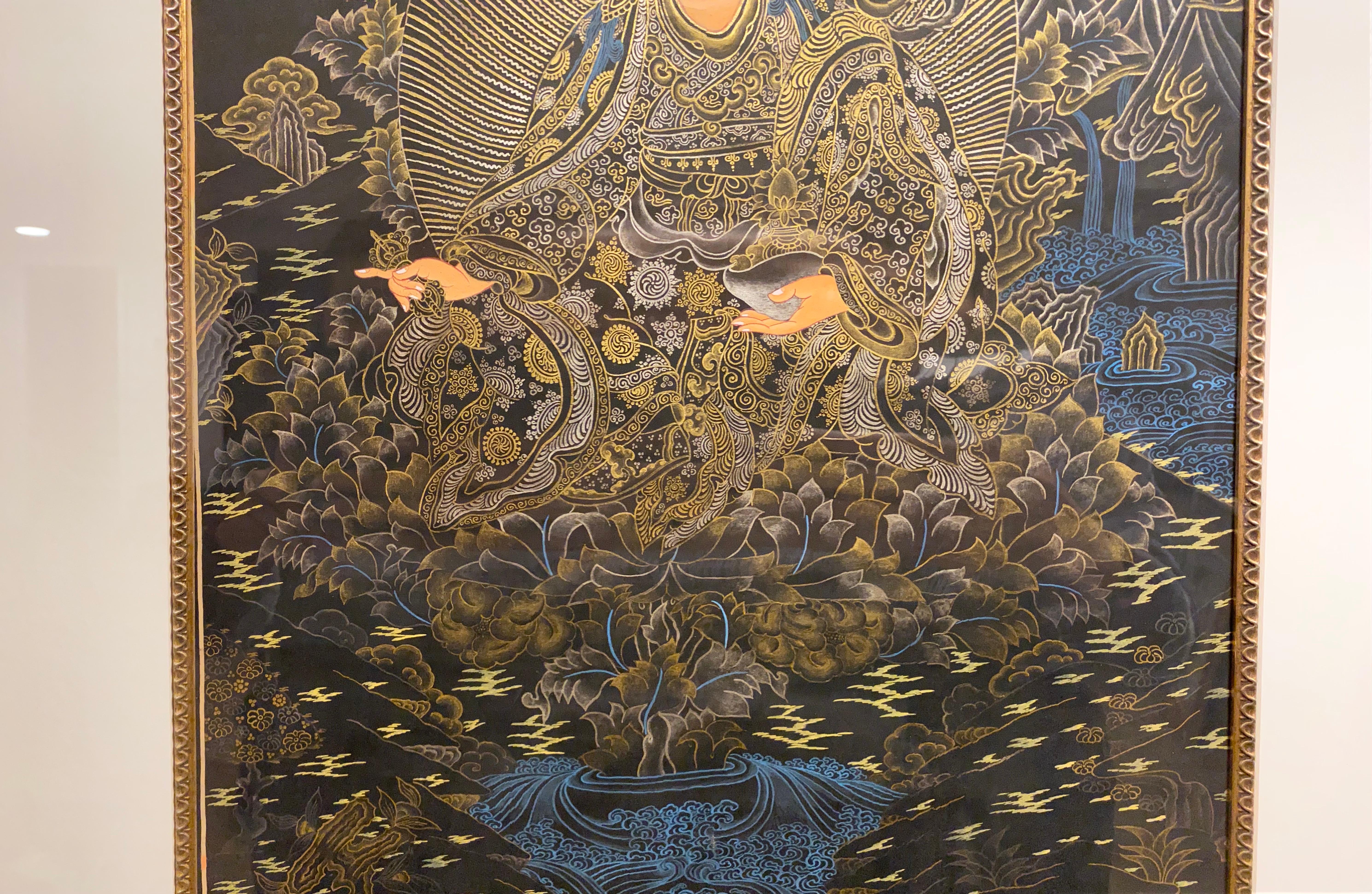 Framed Hand Painted Padmasambhava Thangka on Canvas 24K Gold  For Sale 11