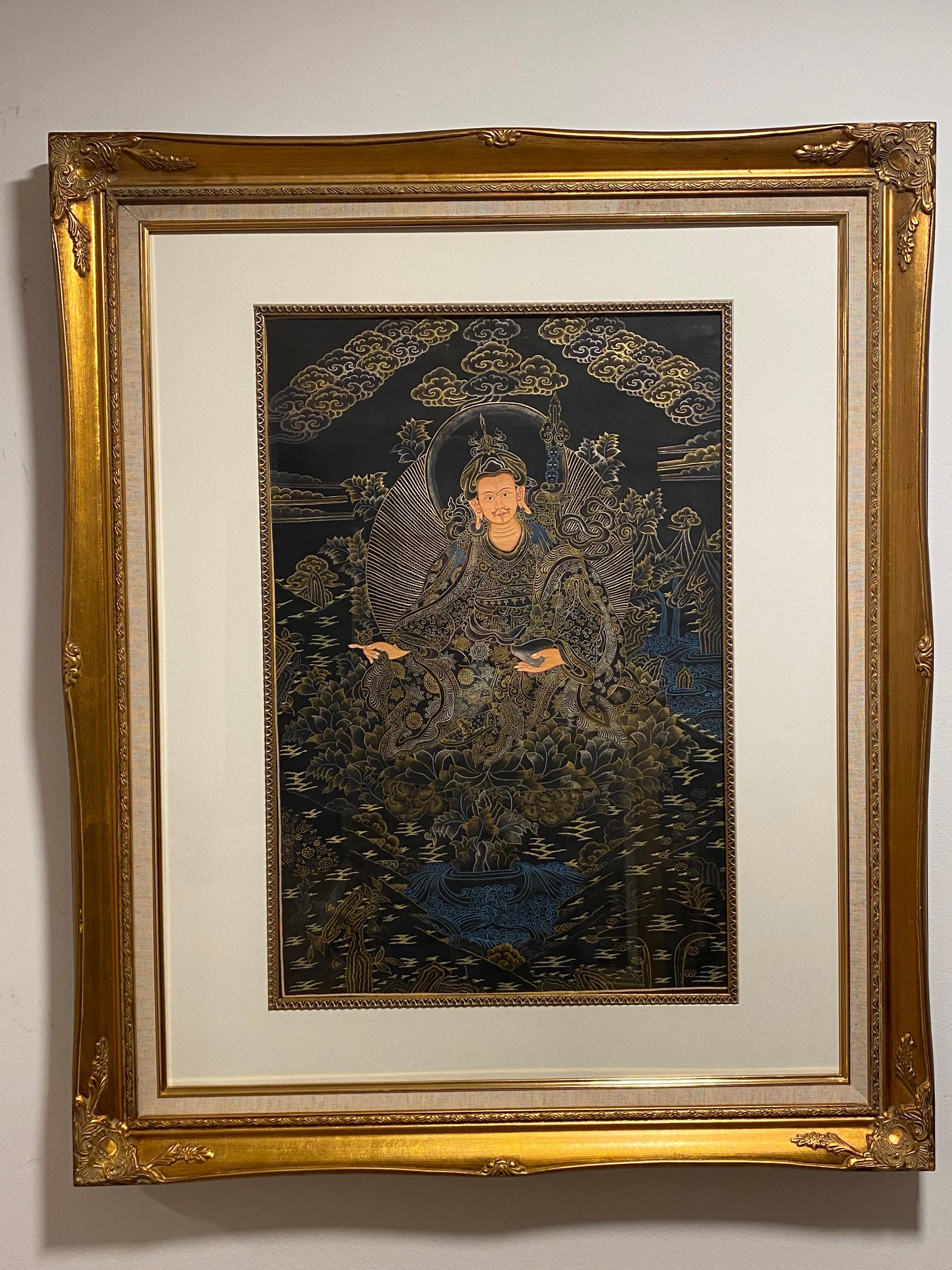 Framed Hand Painted Padmasambhava Thangka on Canvas 24K Gold - Painting by Unknown