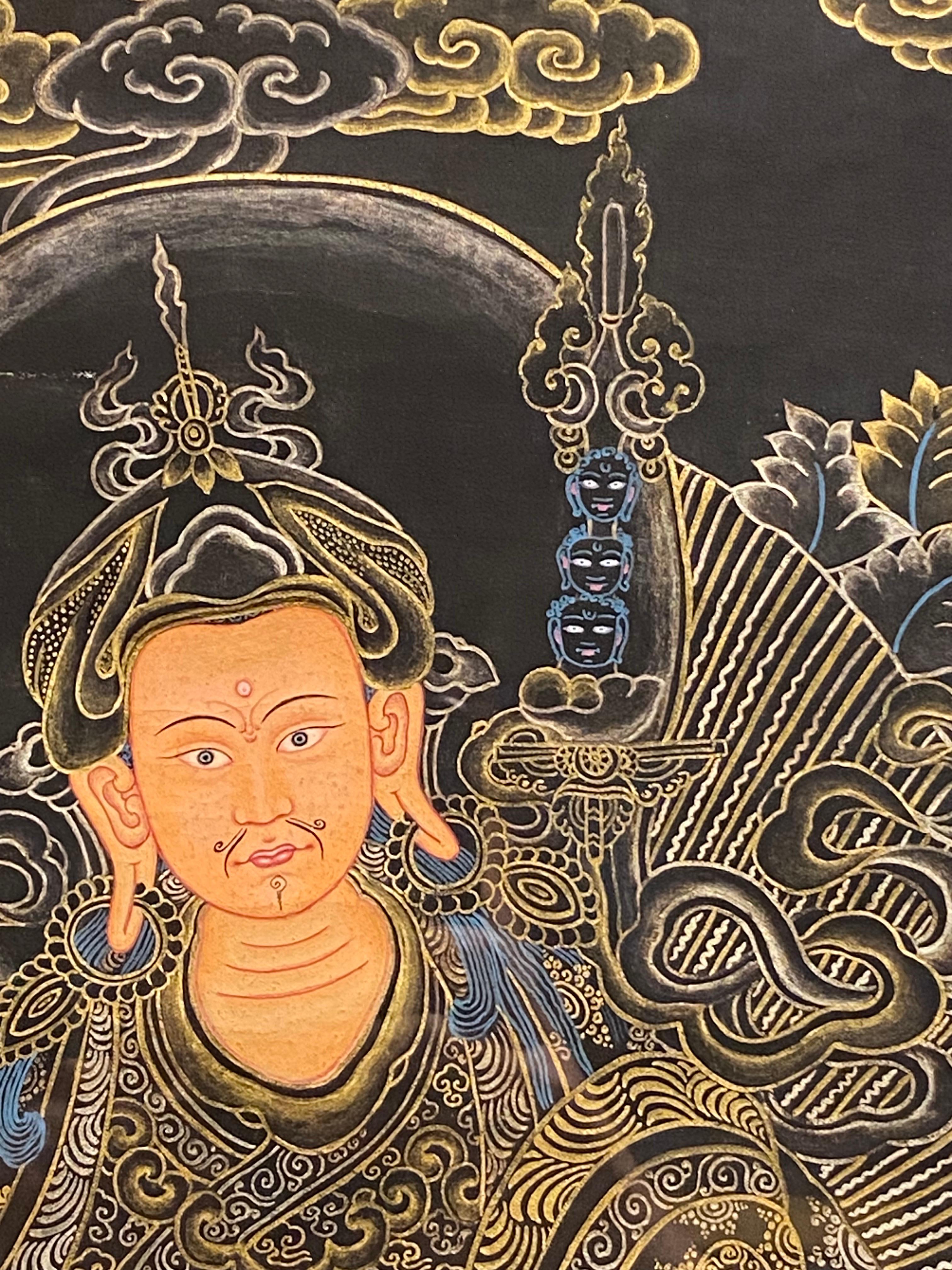 Framed Hand Painted Padmasambhava Thangka on Canvas 24K Gold  For Sale 1