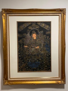 Vintage Framed Hand Painted Padmasambhava Thangka on Canvas 24K Gold 