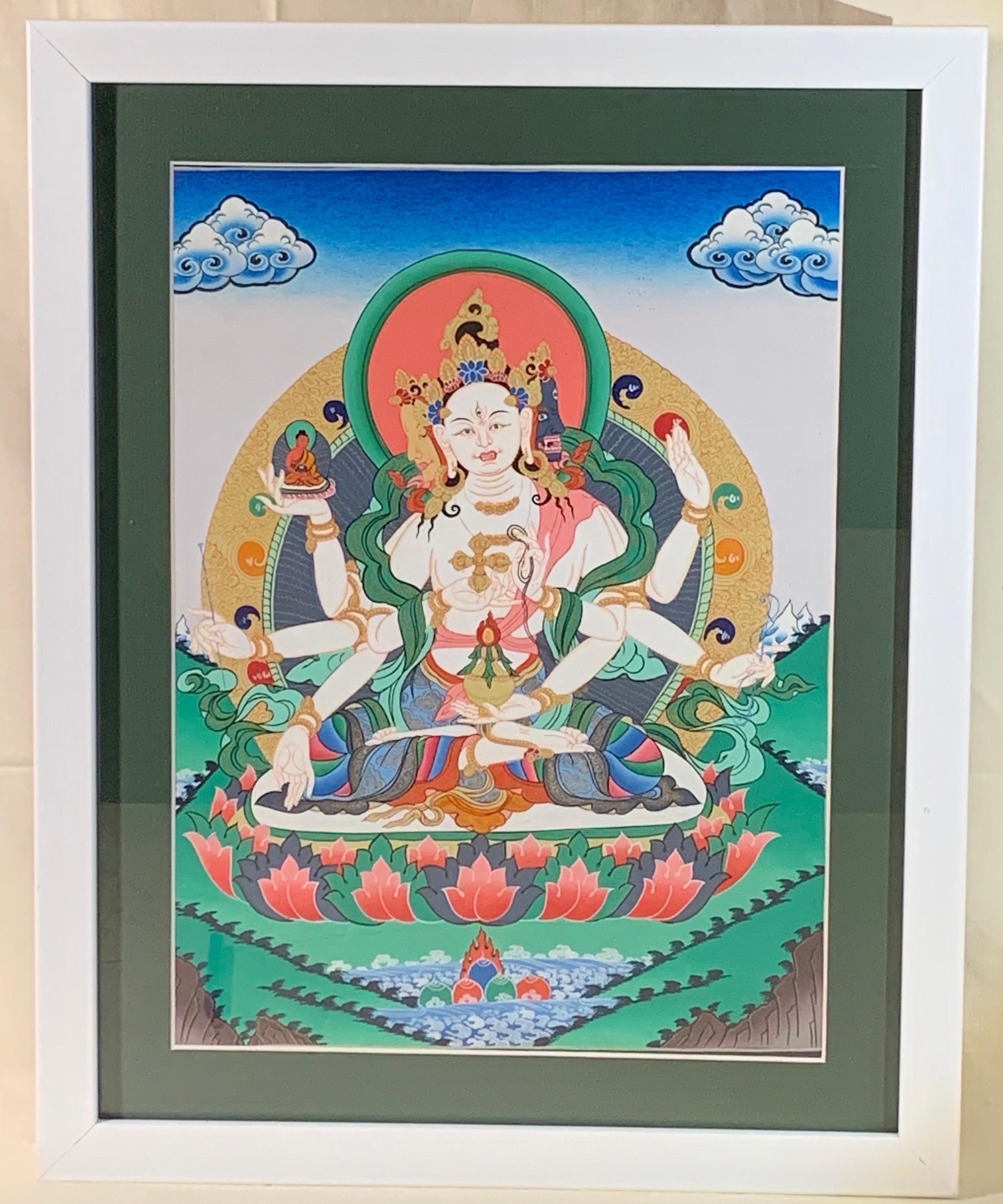 Framed Hand Painted Vajra Shakti Thangka on Canvas with 24 Karat Real Gold - Painting by Unknown