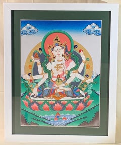 Gerahmte, handbemalte Vajra Shakti Thangka auf Leinwand mit 24 Karat echtem Gold