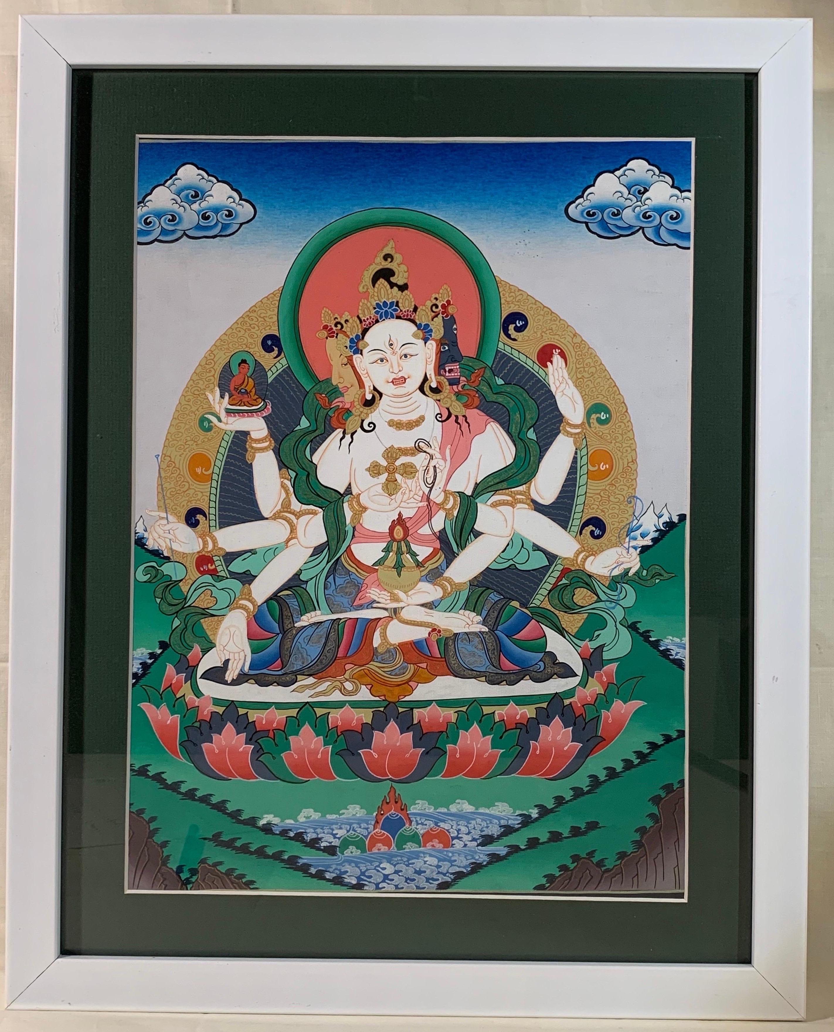 Framed Hand Painted Vajra Shakti Thangka on Canvas with 24 Karat Real Gold - Other Art Style Painting by Unknown