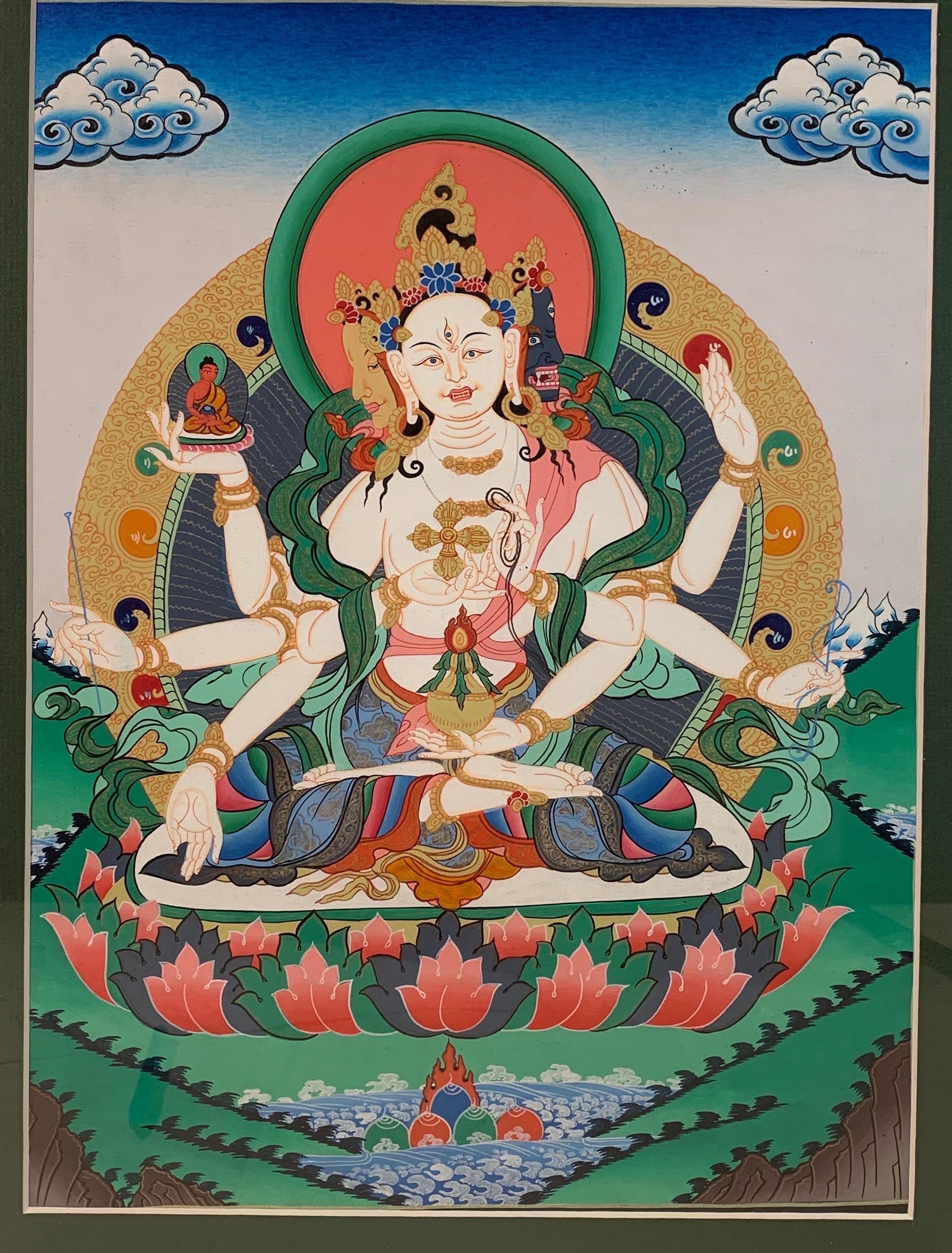 Framed Hand Painted Vajra Shakti Thangka on Canvas with 24 Karat Real Gold - Gray Figurative Painting by Unknown