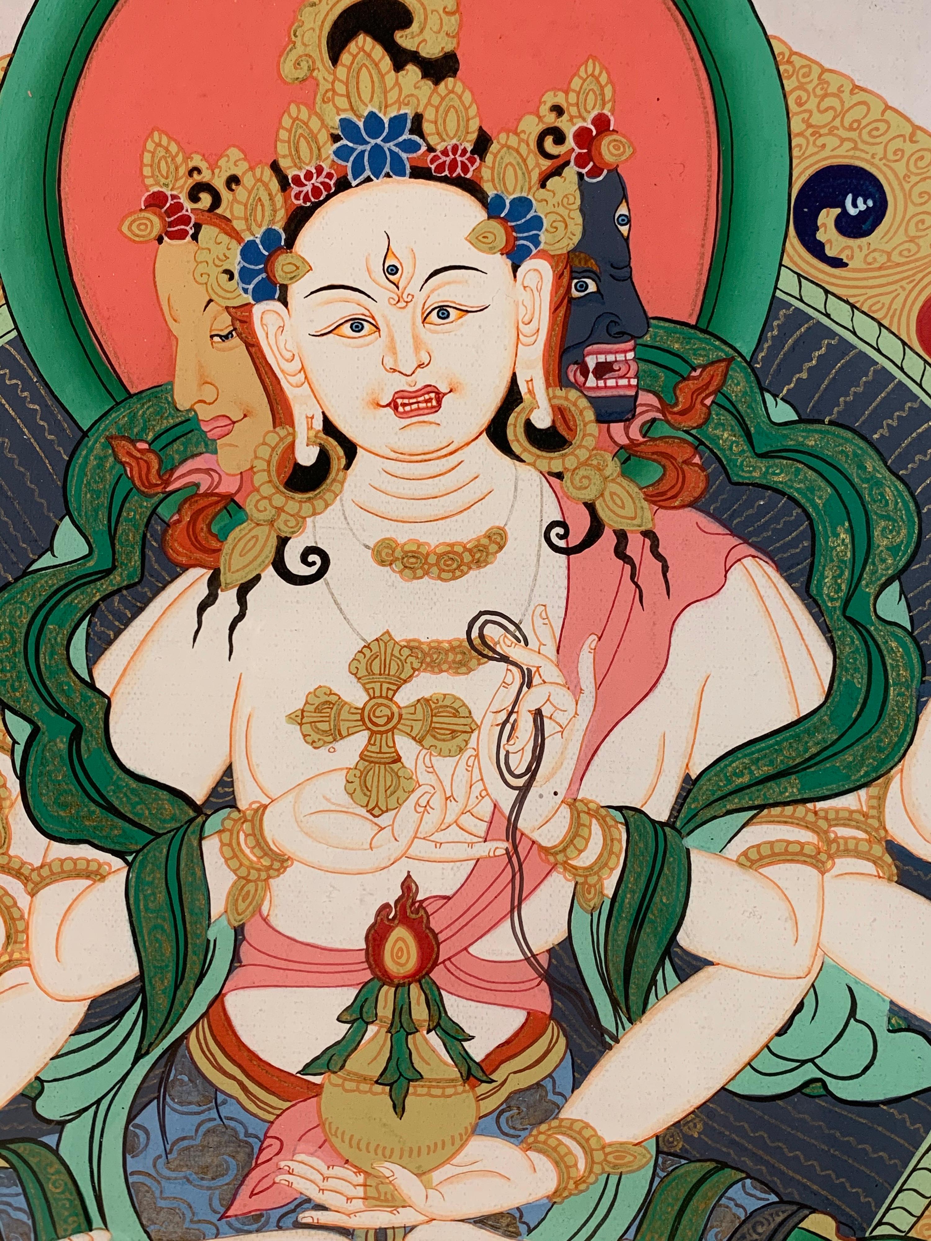 Framed Hand Painted Vajra Shakti Thangka on Canvas with 24 Karat Real Gold For Sale 1
