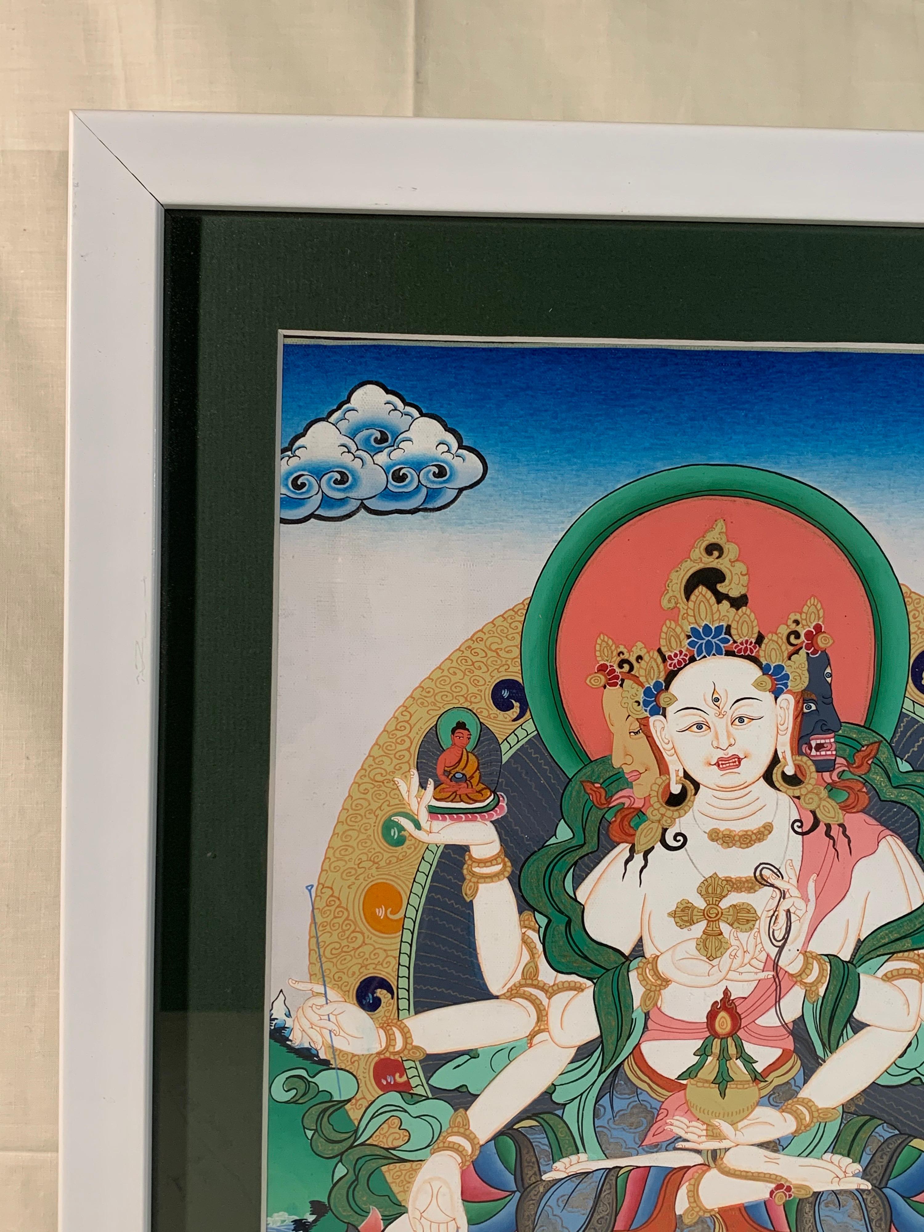 Framed Hand Painted Vajra Shakti Thangka on Canvas with 24 Karat Real Gold For Sale 2