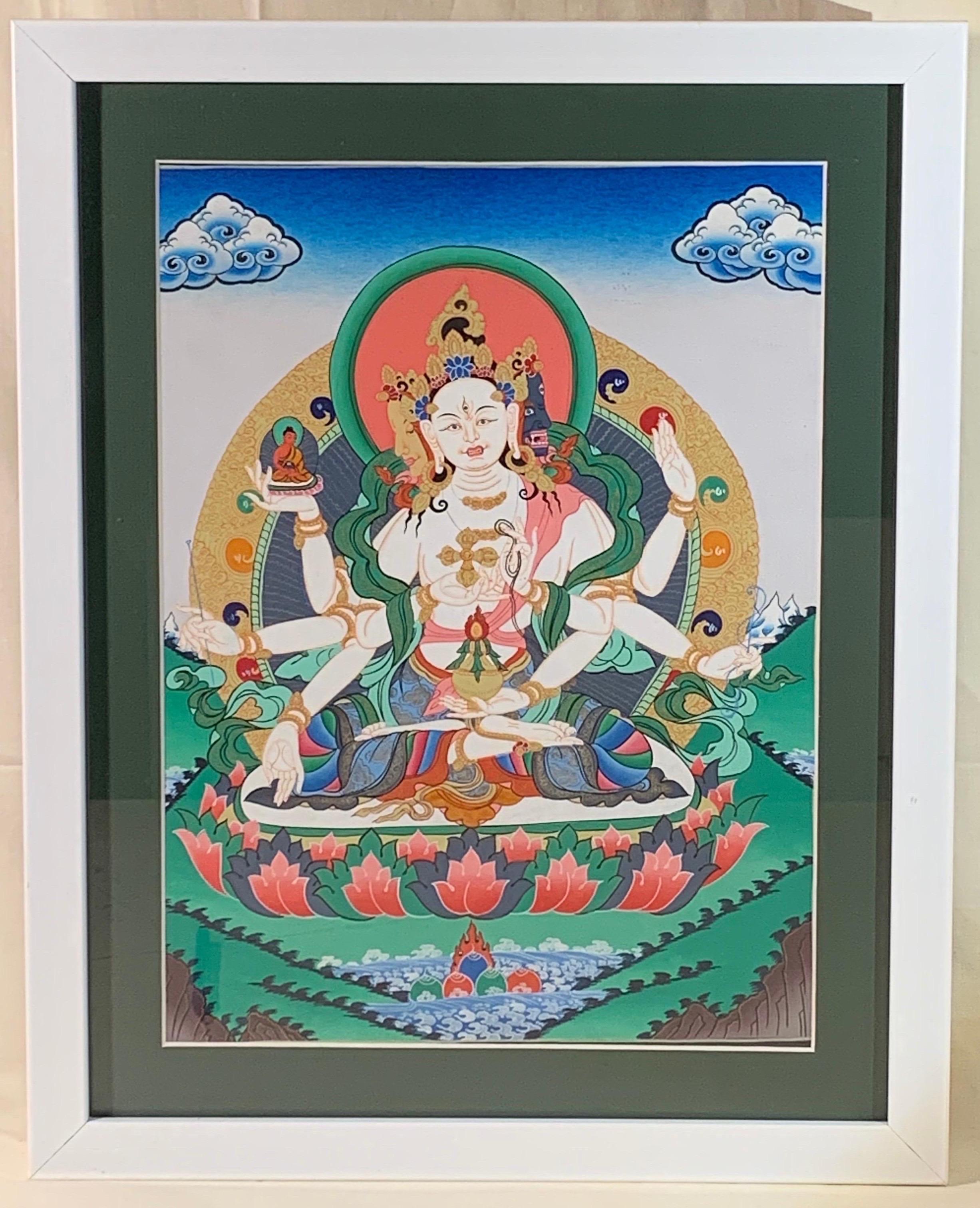 Unknown Figurative Painting - Framed Hand Painted Vajra Shakti Thangka on Canvas with 24 Karat Real Gold