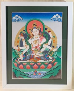 Vintage Framed Hand Painted Vajra Shakti Thangka on Canvas with 24 Karat Real Gold