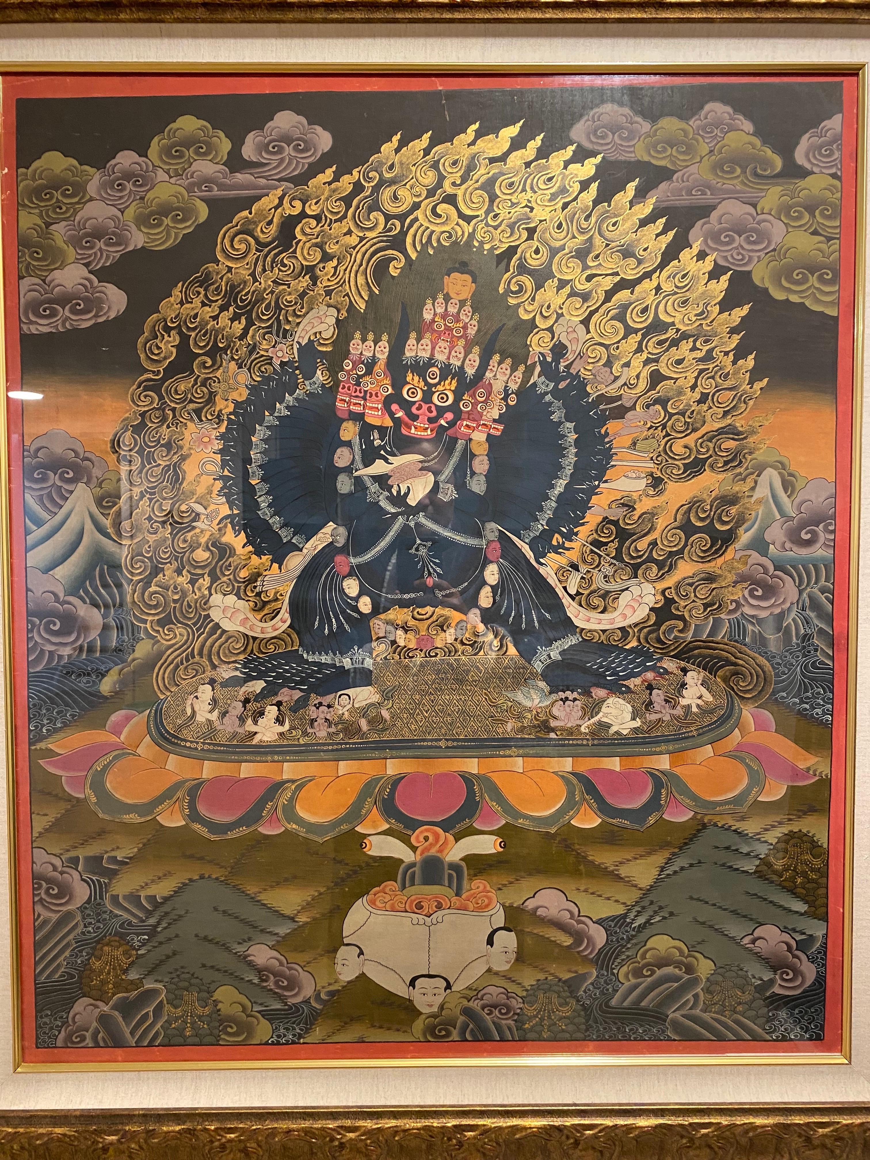 Framed Hand Painted Vajrapani Thangka on Canvas 24K Gold - Painting by Unknown