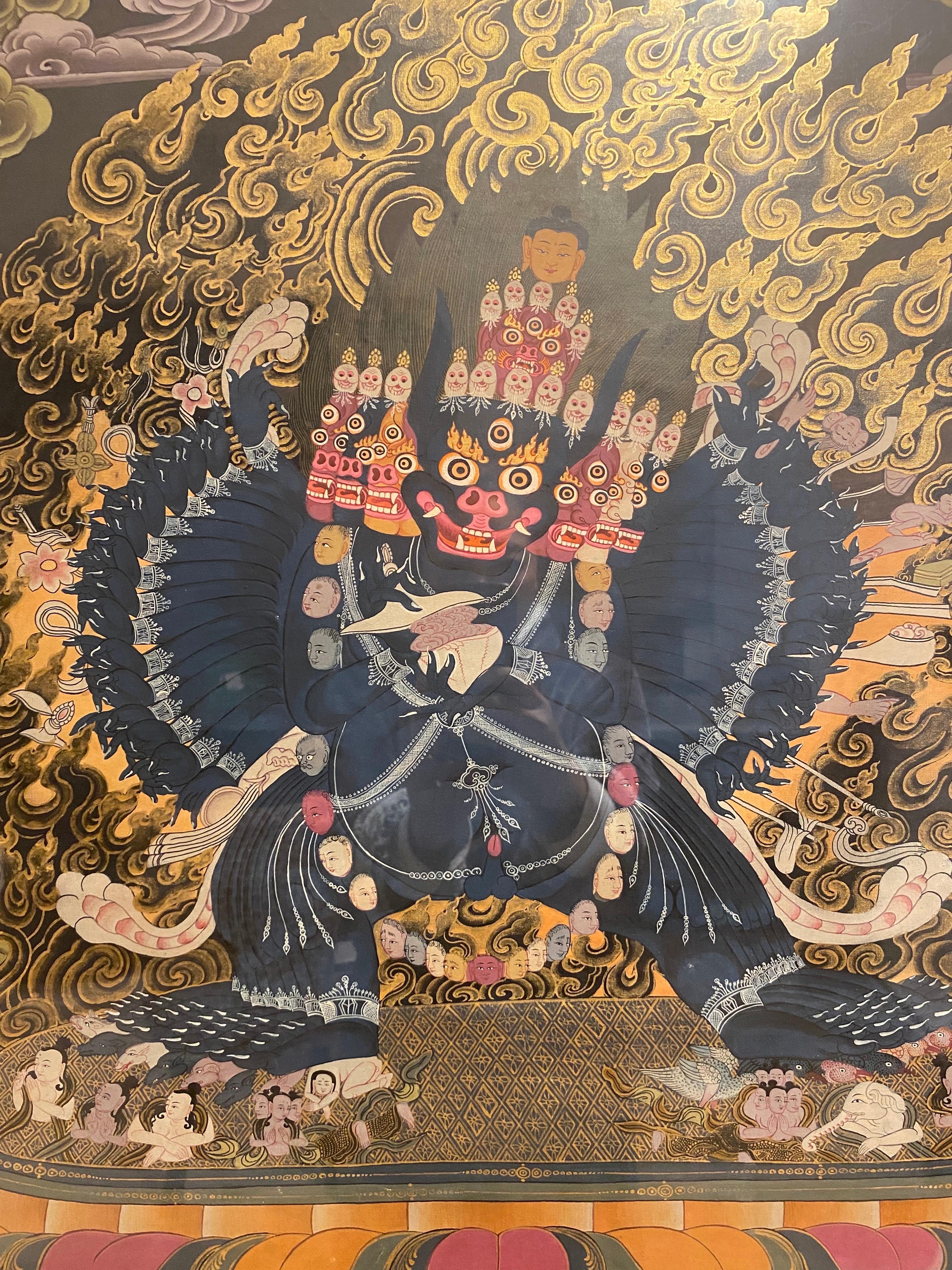 Framed Hand Painted Vajrapani Thangka on Canvas 24K Gold - Other Art Style Painting by Unknown