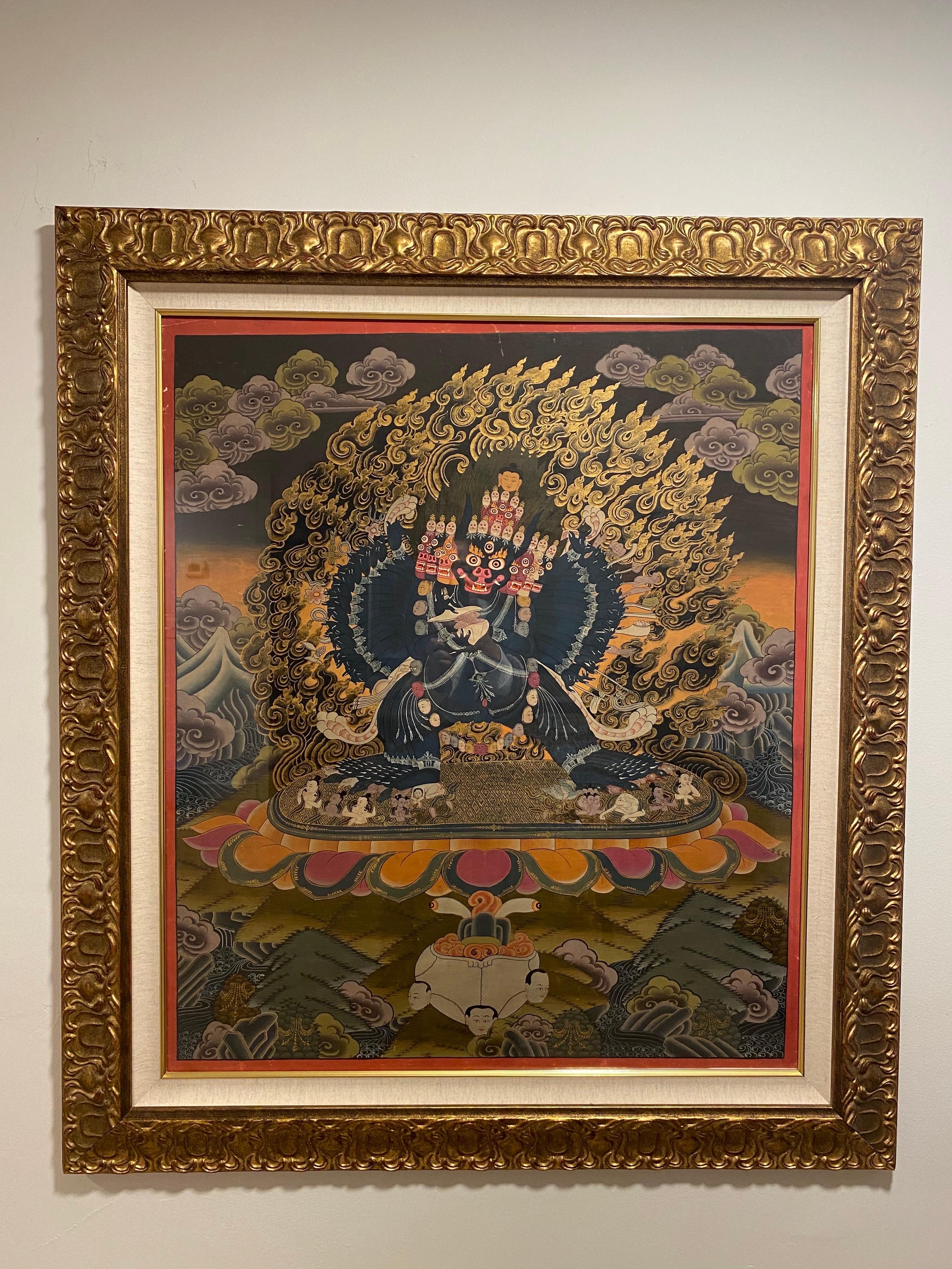 Unknown Figurative Painting - Framed Hand Painted Vajrapani Thangka on Canvas 24K Gold