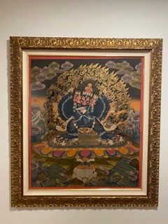 Vintage Framed Hand Painted Vajrapani Thangka on Canvas 24K Gold