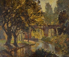 Framed Impressionist Mid 20th Century Oil - Figures by the Canal