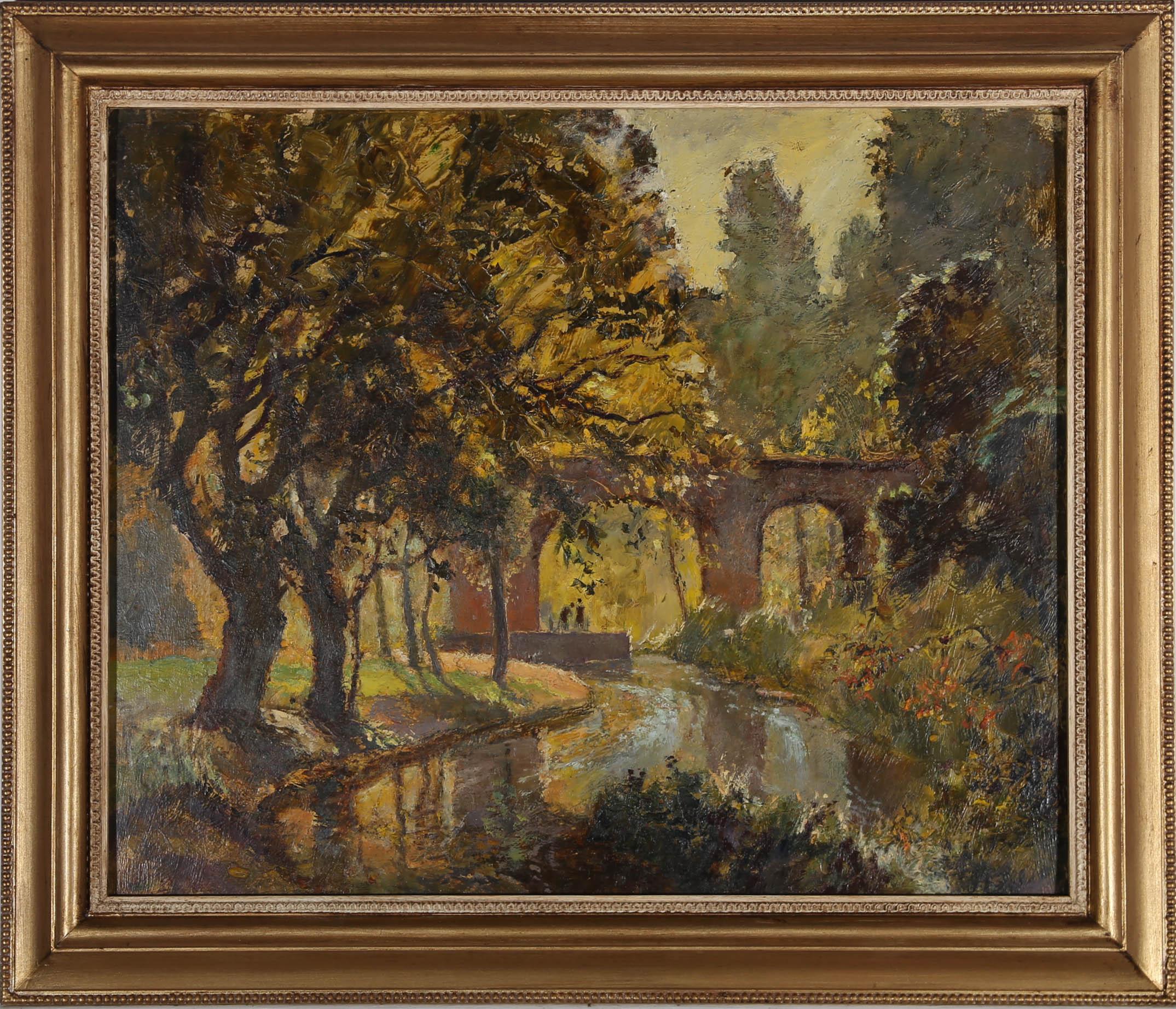 Unknown Landscape Painting - Framed Impressionist Mid 20th Century Oil - Figures by the Canal
