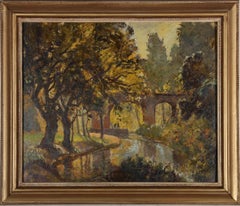 Huile impressionniste du milieu du 20e siècle encadrée - Figures by the Canal
