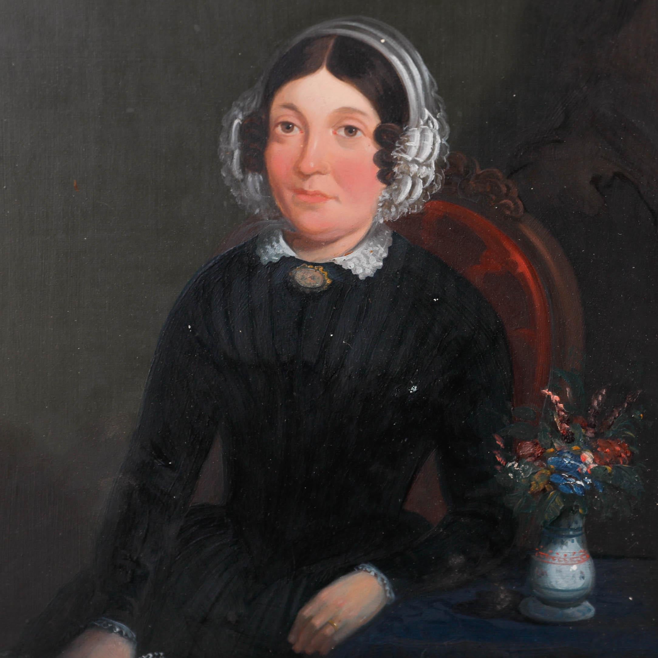 Huile encadrée de la fin du 19e siècle - Une dame distinguée - Noir Portrait Painting par Unknown