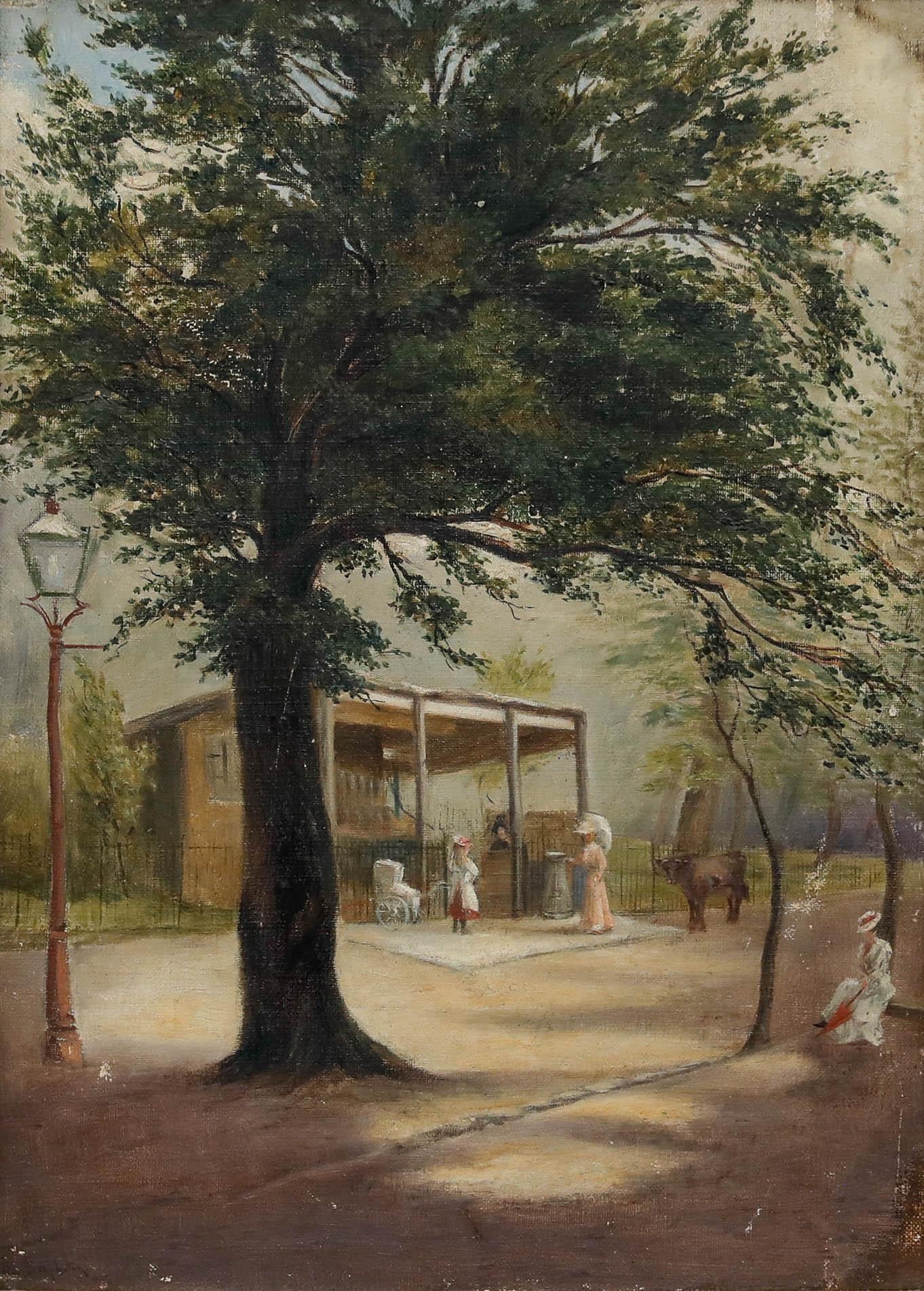 Huile encadrée de la fin du 19e siècle - Une promenade dans le parc - Painting de Unknown
