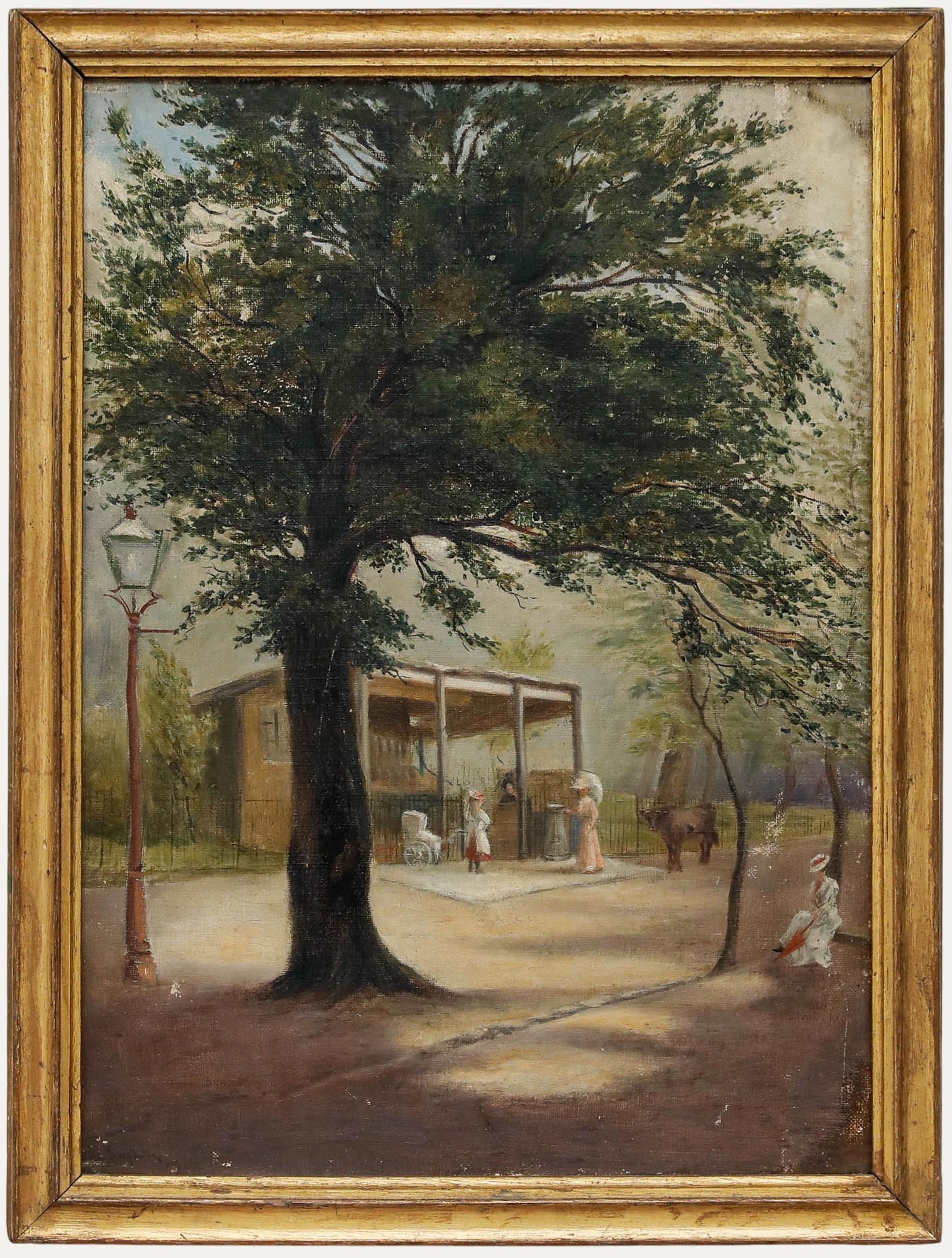 Huile encadrée de la fin du 19e siècle - Une promenade dans le parc