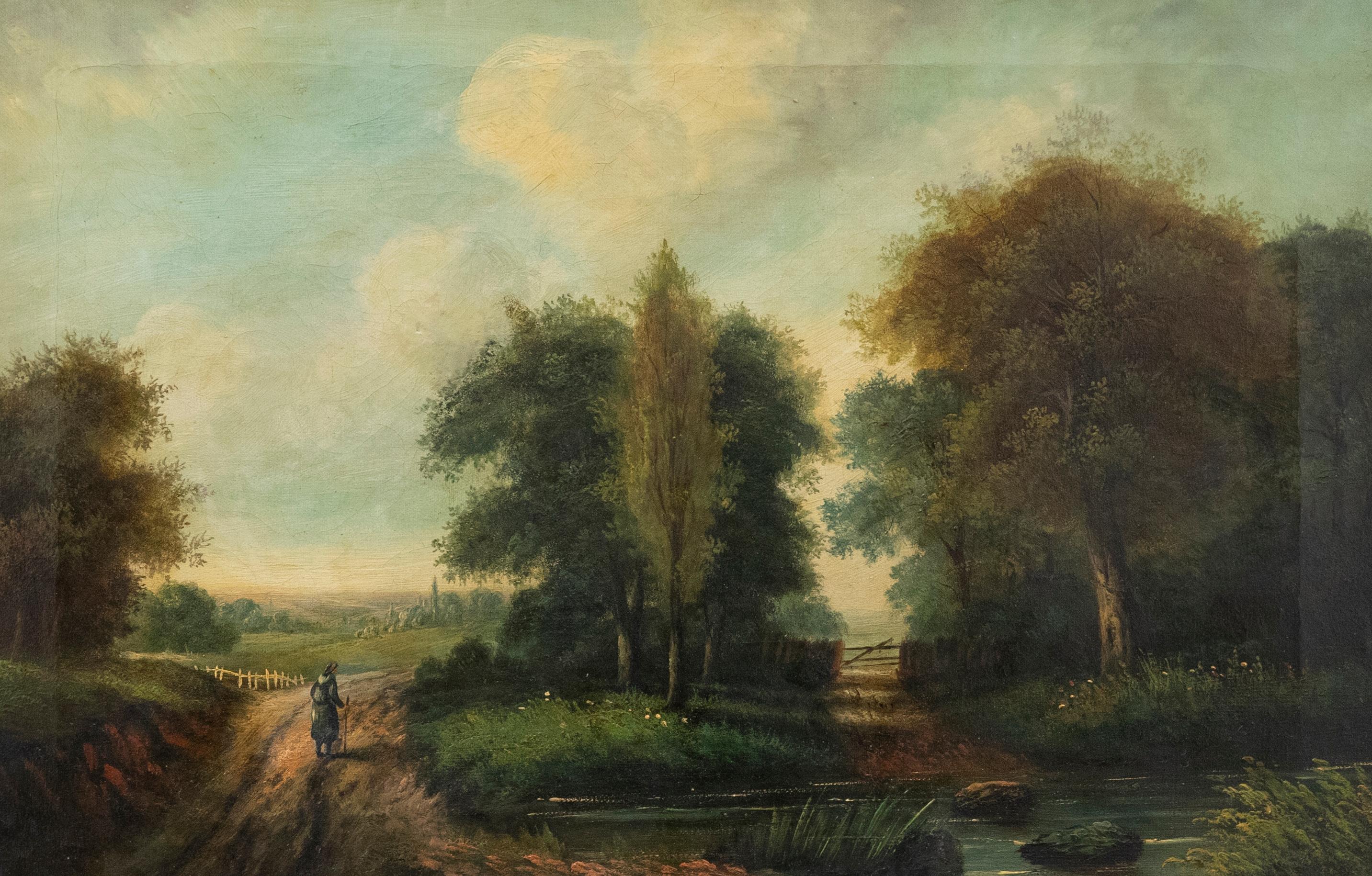 Framed Late 19th Century Oil - A Walk Over the River - Painting by Unknown