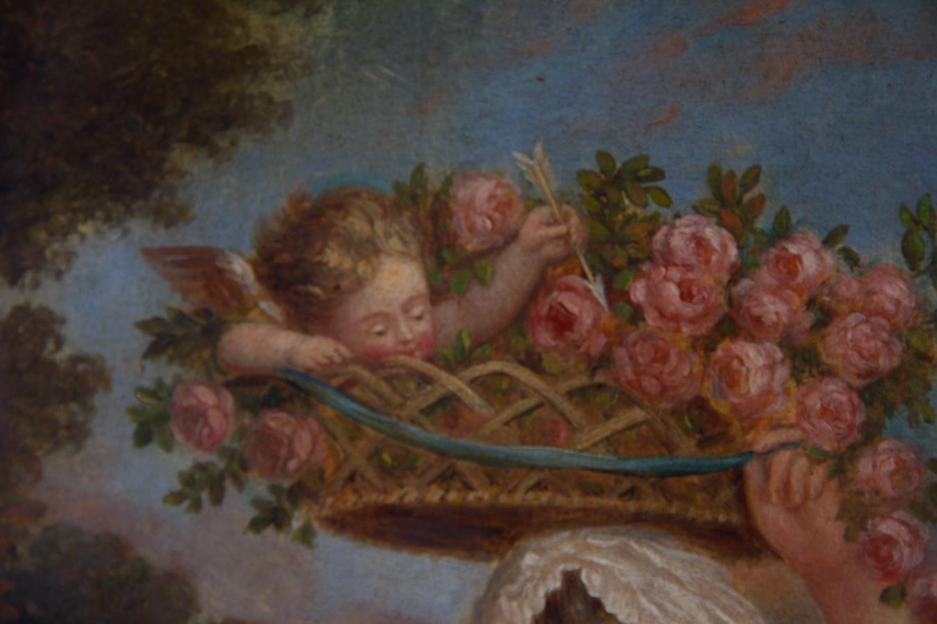 Cette huile finement détaillée, datant du milieu ou de la fin du XIXe siècle, représente une jeune femme au visage frais dans le style baroque, avec un décor classique. L'artiste représente une femme qui sent une seule rose, tout en tenant en
