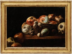 Framed Late 19th Century Oil - Apples, Onions, and Mushrooms