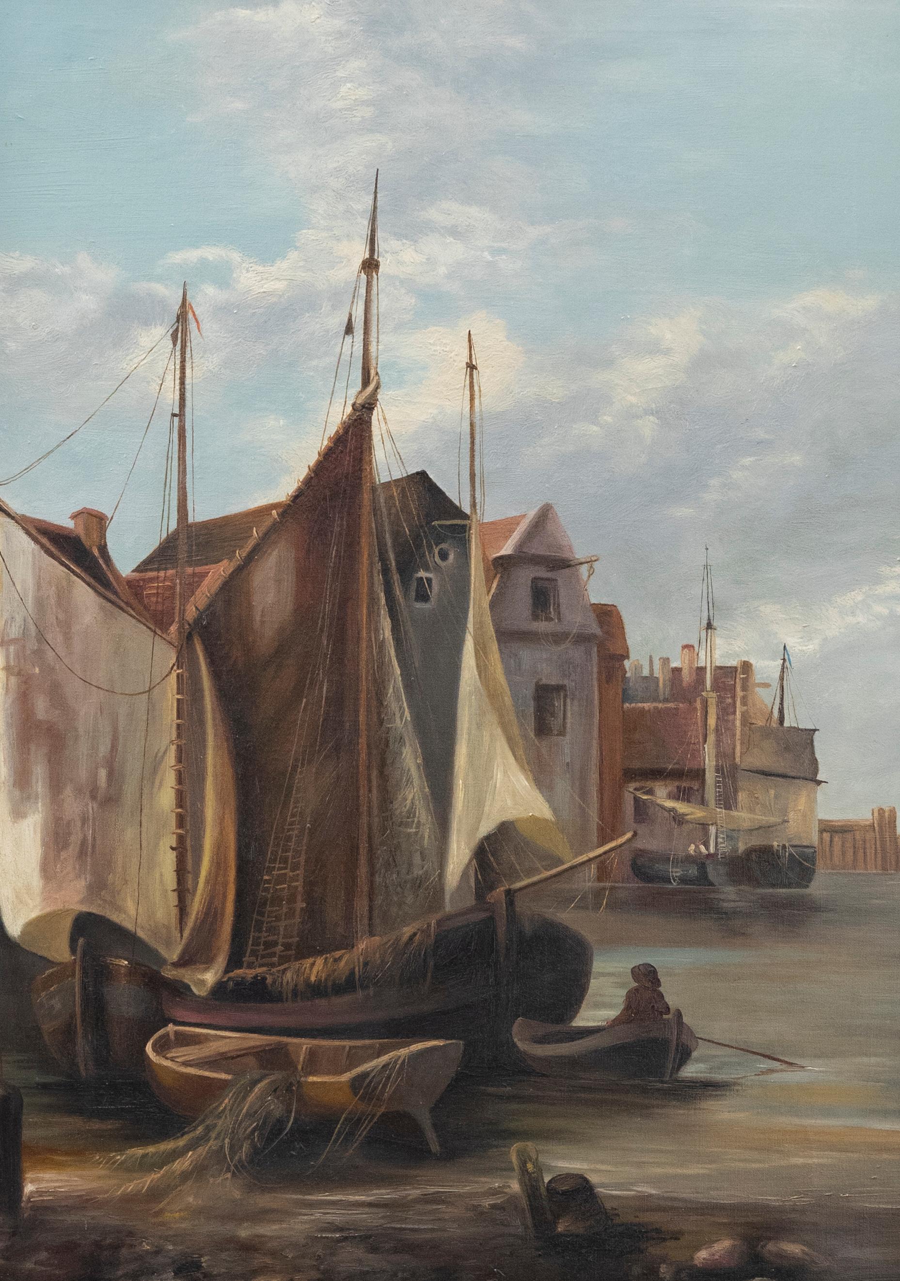 Framed Late 19th Century Oil - Boats in a Dutch Harbour - Painting by Unknown