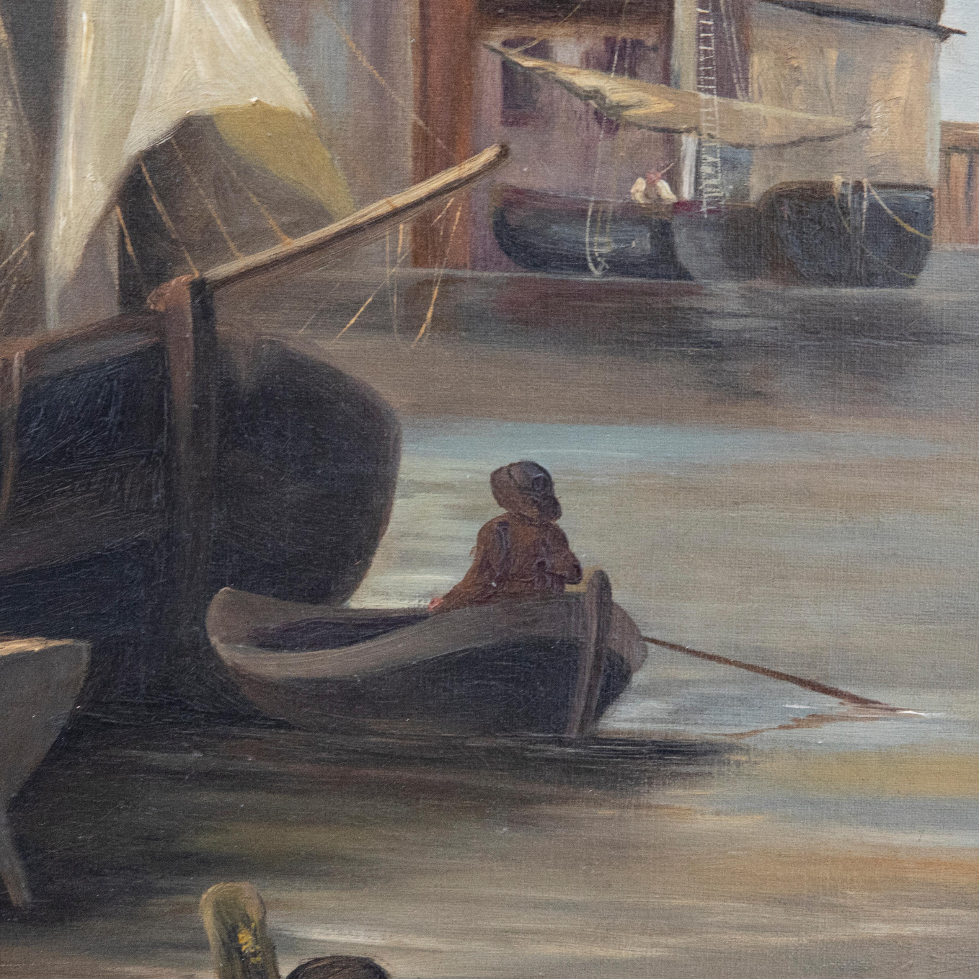 Framed Late 19th Century Oil - Boats in a Dutch Harbour For Sale 1