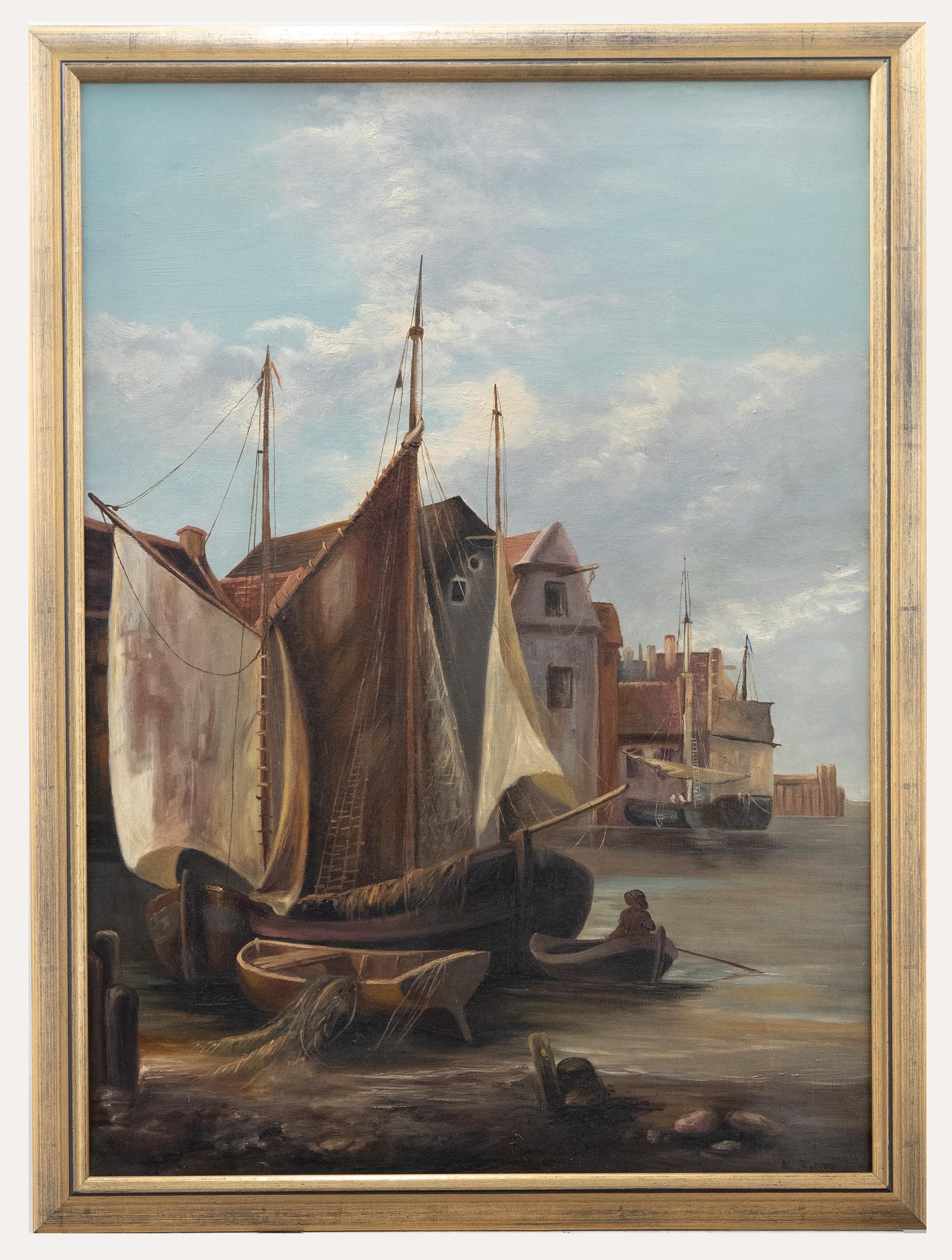 Figurative Painting Unknown - Huile encadrée de la fin du 19e siècle - Bateaux dans un port hollandais