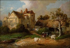 Óleo enmarcado de finales del siglo XIX - Ganado ante una granja