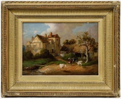 Óleo enmarcado de finales del siglo XIX - Ganado ante una granja