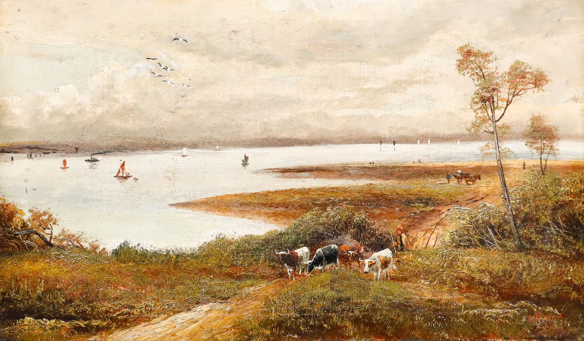 Gerahmtes Öl aus dem späten 19. Jahrhundert - Rinder auf dem Küstenpfad – Painting von Unknown