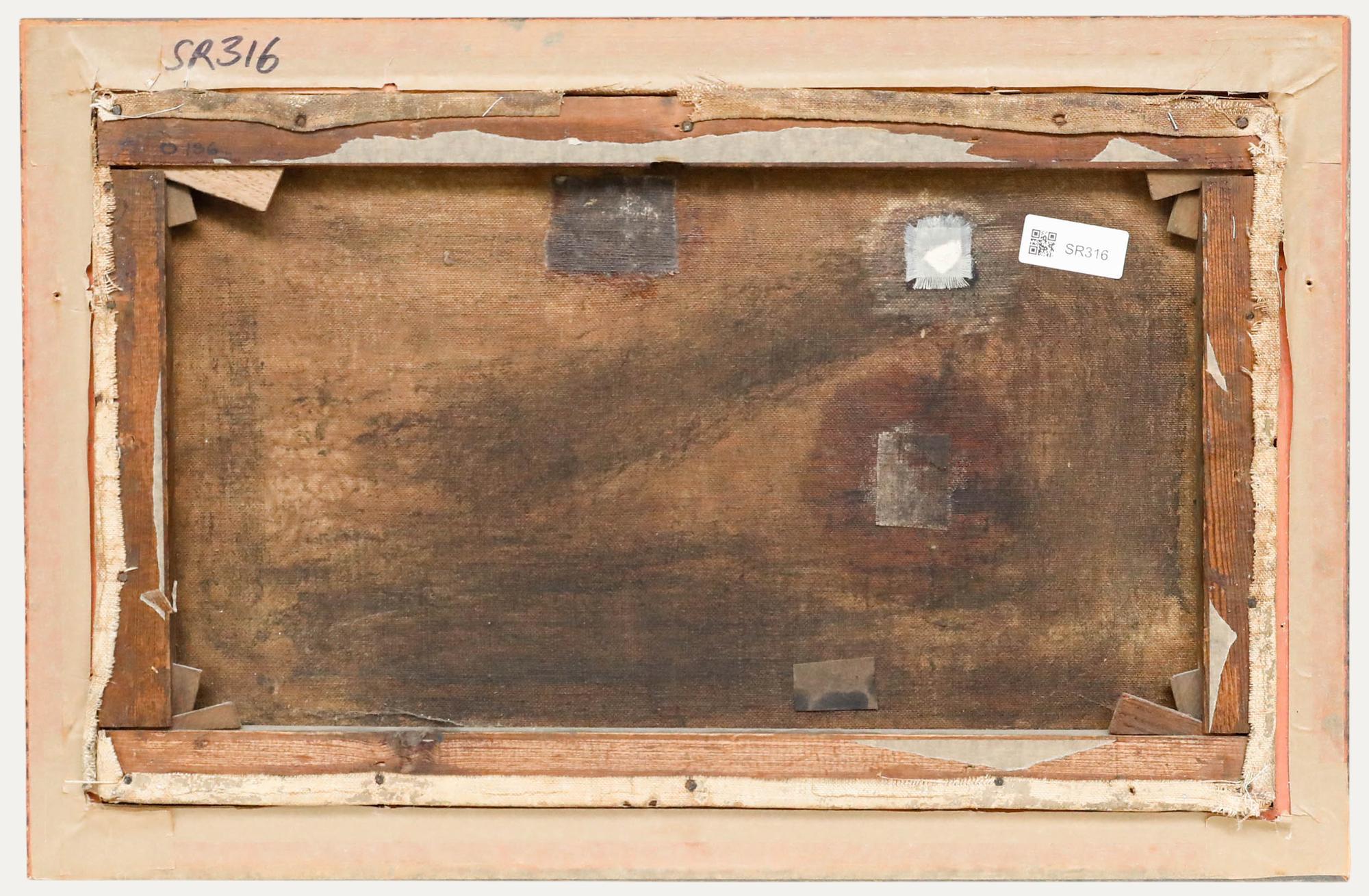 Gerahmtes Öl aus dem späten 19. Jahrhundert - Rinder auf dem Küstenpfad (Beige), Landscape Painting, von Unknown