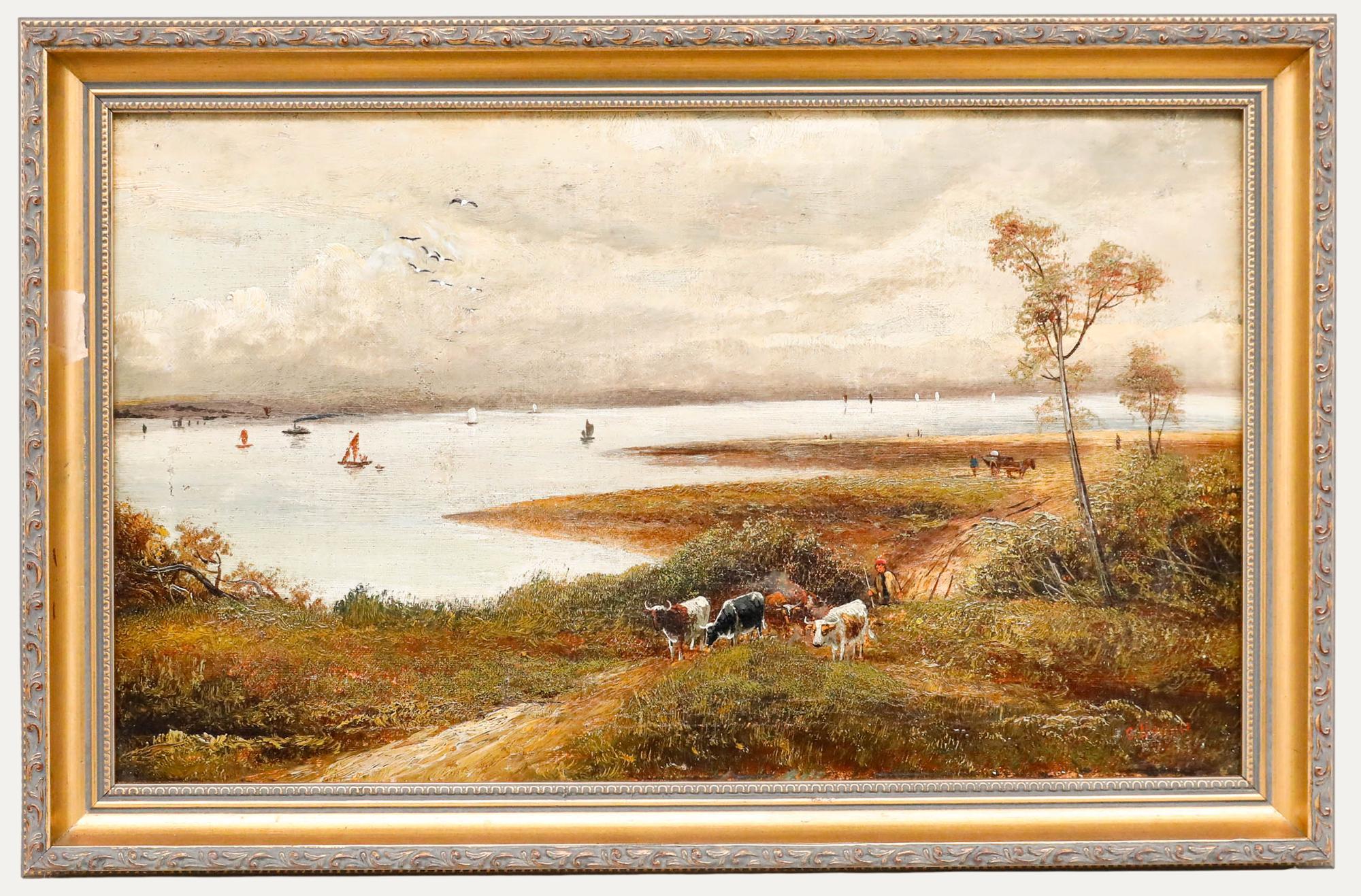 Unknown Landscape Painting – Gerahmtes Öl aus dem späten 19. Jahrhundert - Rinder auf dem Küstenpfad