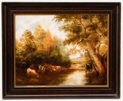 Framed Late 19th Century Oil - Cattle Watering in Woodland Ford