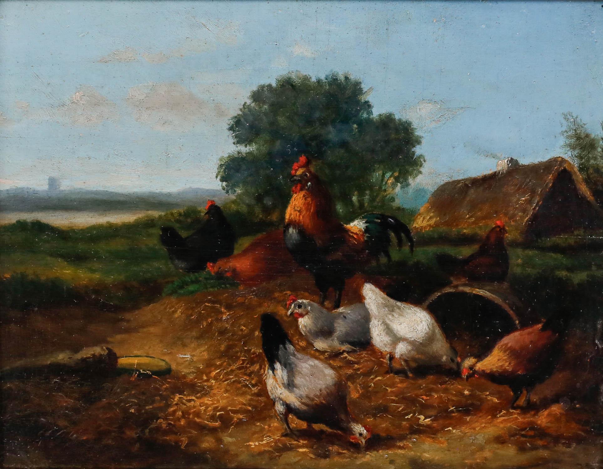 Huile encadrée de la fin du 19e siècle - Poulets dans un paysage de campagne - Painting de Unknown
