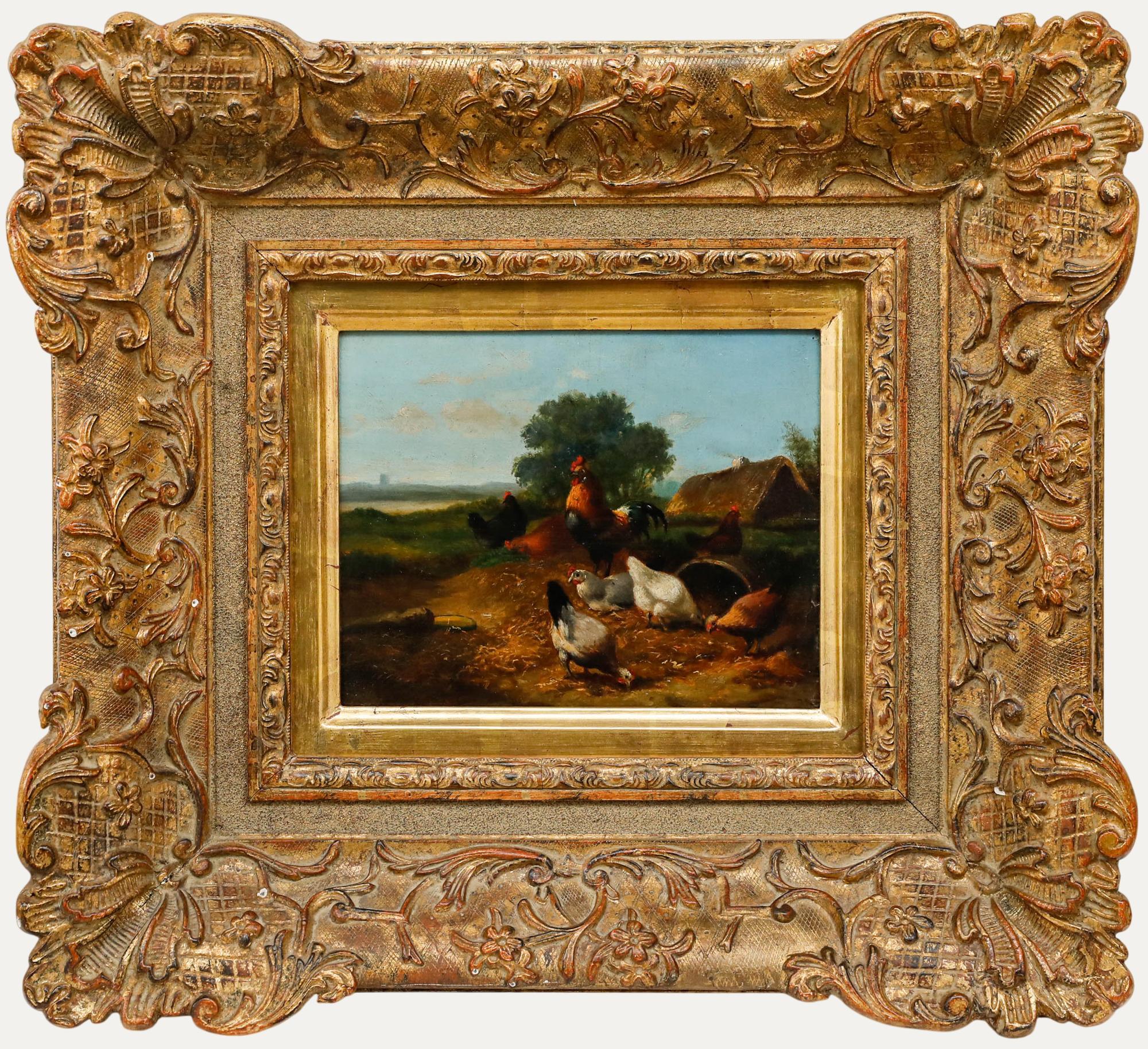 Animal Painting Unknown - Huile encadrée de la fin du 19e siècle - Poulets dans un paysage de campagne