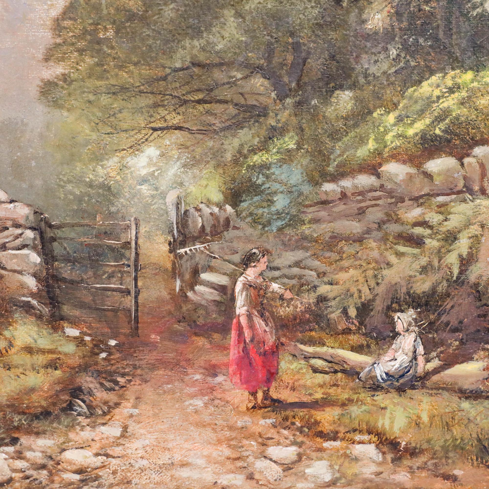 This picturesque landscape painting depicts a serene mountain valley with rolling hills rendered in soft, natural light. The composition features two female figures conversing by a dry stone wall, with the dramatic backdrop of misty mountains