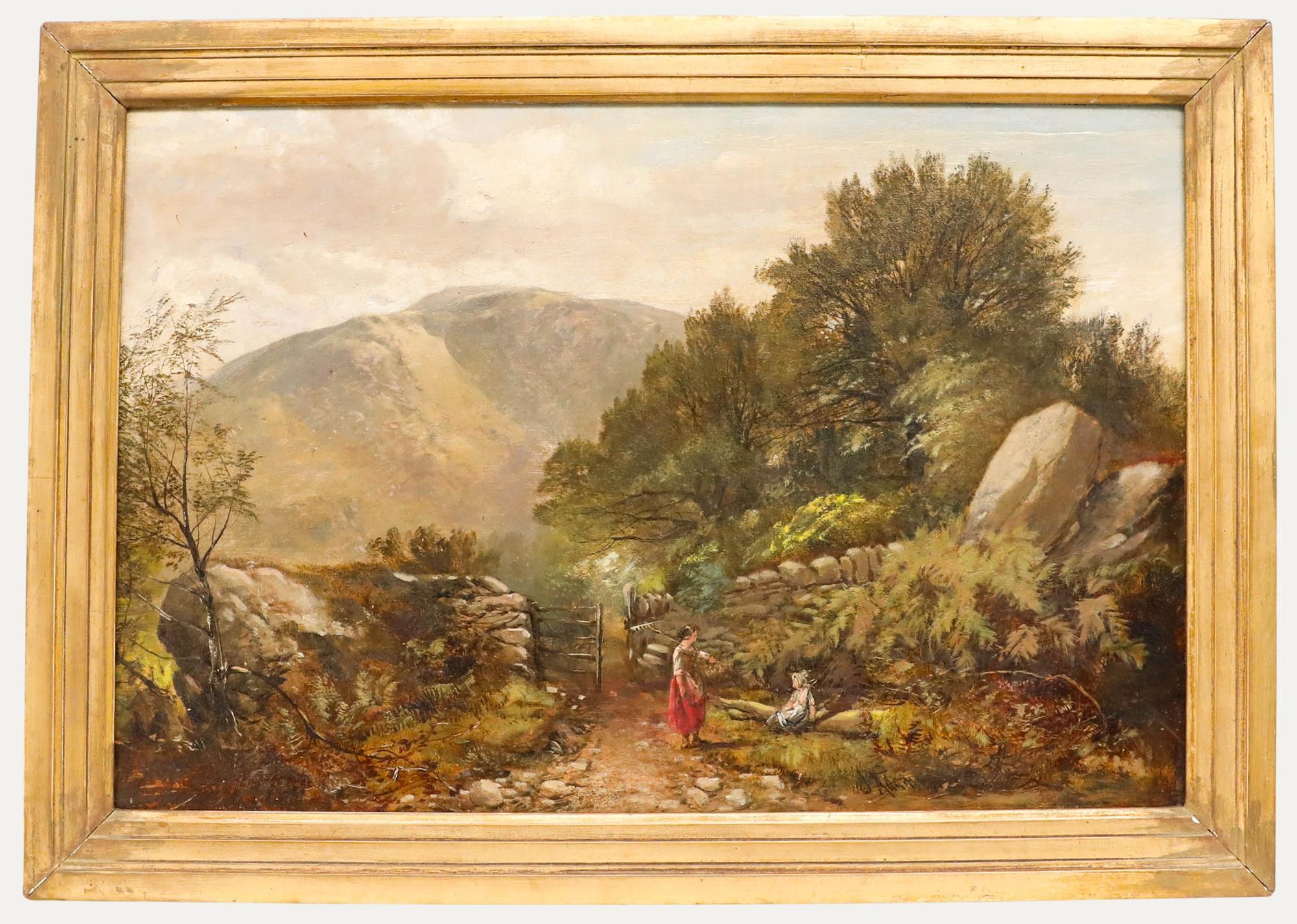 Unknown Landscape Painting - Framed Late 19th Century Oil - Conversing in the Countryside