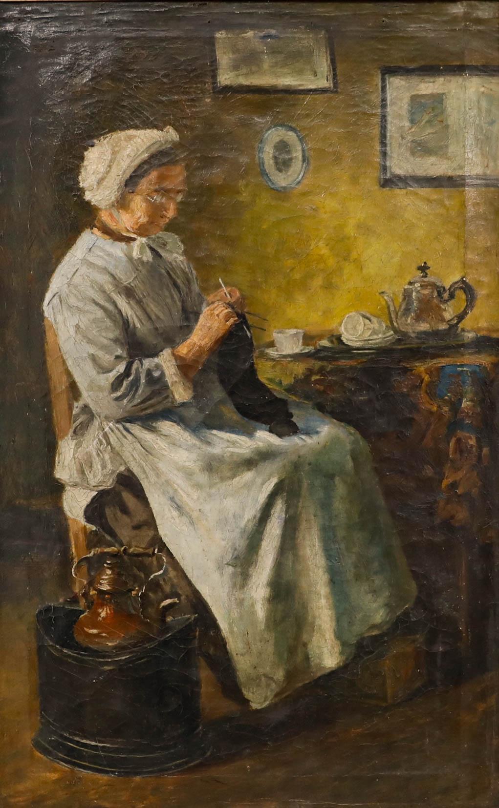 Huile encadrée de la fin du 19e siècle - Femme âgée en train de tricoter - Painting de Unknown