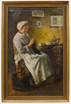Huile encadrée de la fin du 19e siècle - Femme âgée en train de tricoter