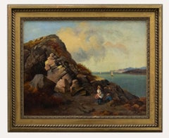 Gerahmtes Öl aus dem späten 19. Jahrhundert - Figuren auf einem Küstenpfad