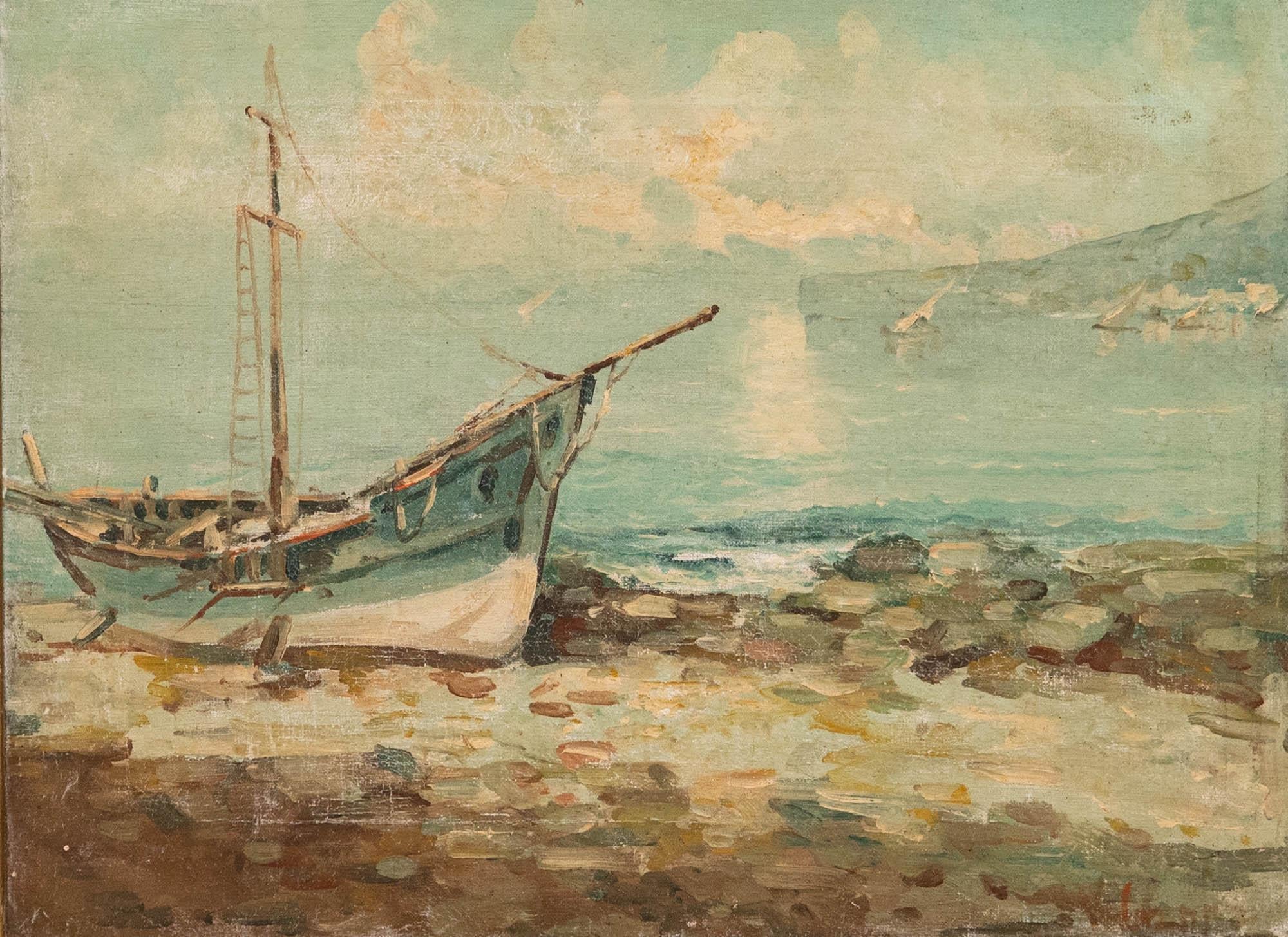 Gerahmtes Öl aus dem späten 19. Jahrhundert - Fischerboot am Ufer – Painting von Unknown