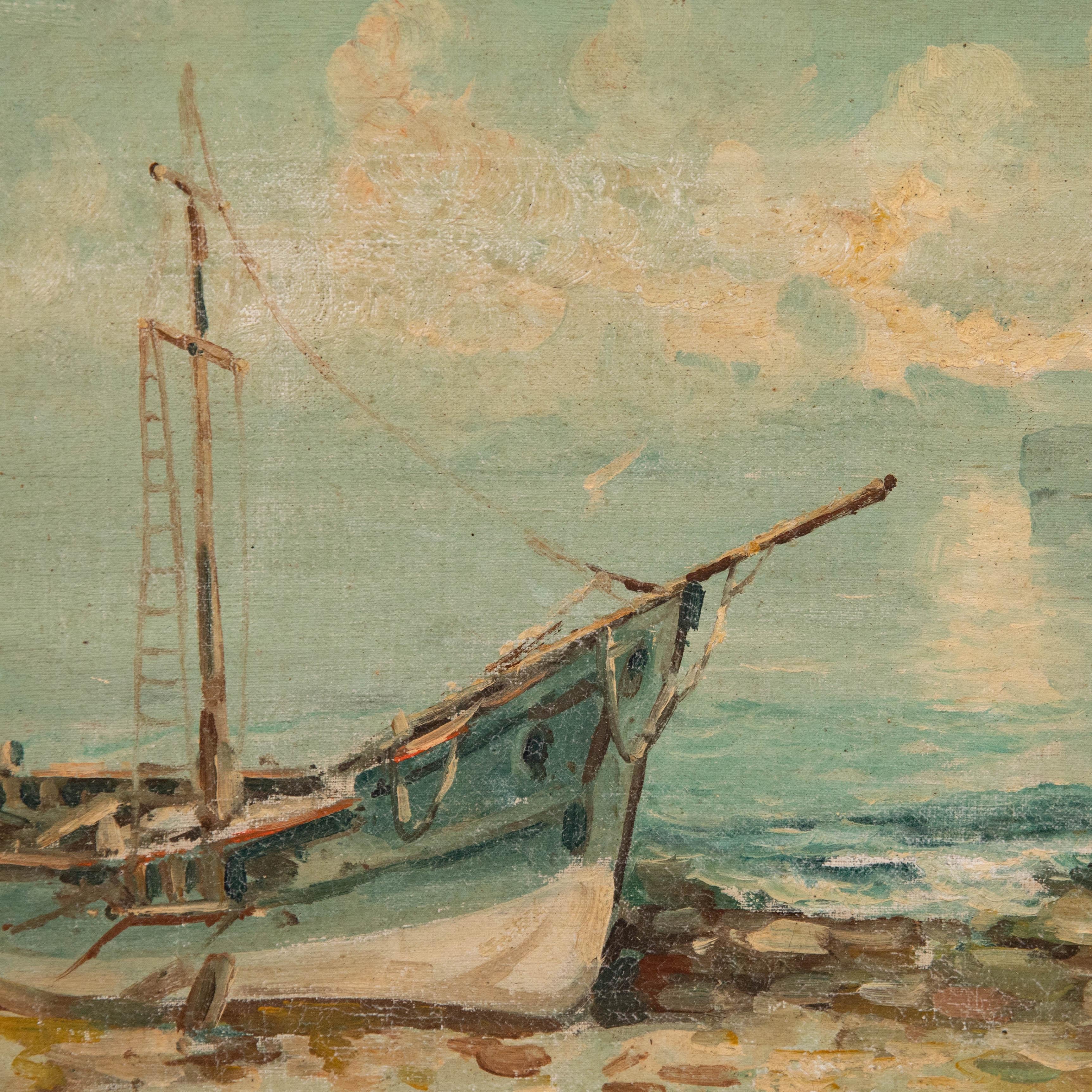 Gerahmtes Öl aus dem späten 19. Jahrhundert - Fischerboot am Ufer 1