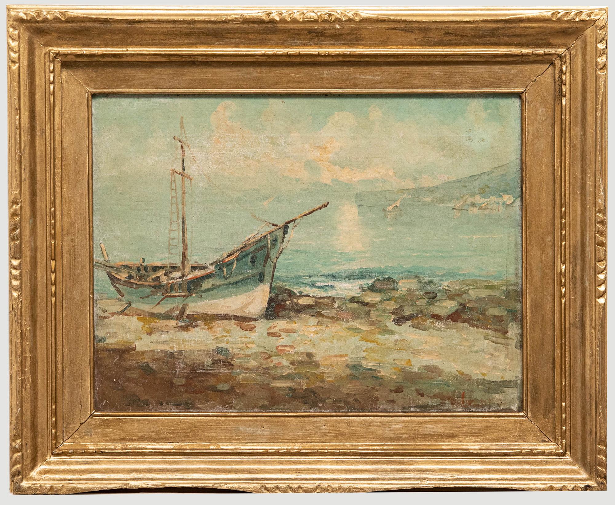 Unknown Figurative Painting – Gerahmtes Öl aus dem späten 19. Jahrhundert - Fischerboot am Ufer