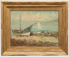 Gerahmtes Öl aus dem späten 19. Jahrhundert - Fischerboot am Ufer