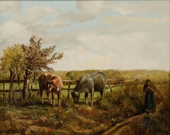 Framed Late 19th Century Oil - Grazing Cattle