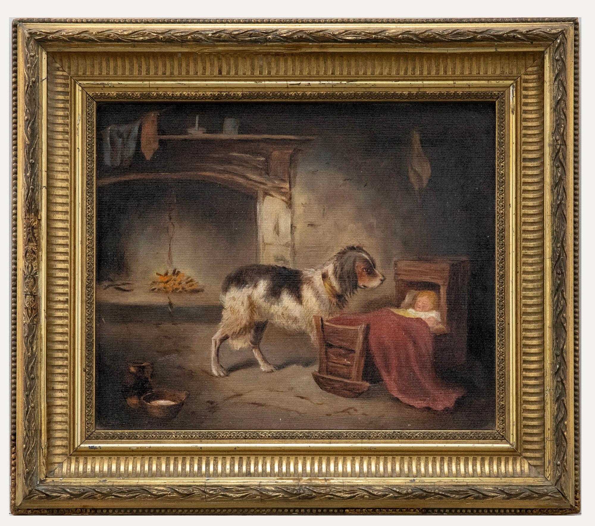 Interior Painting Unknown - Huile encadrée de la fin du 19e siècle - La garde de la crèche